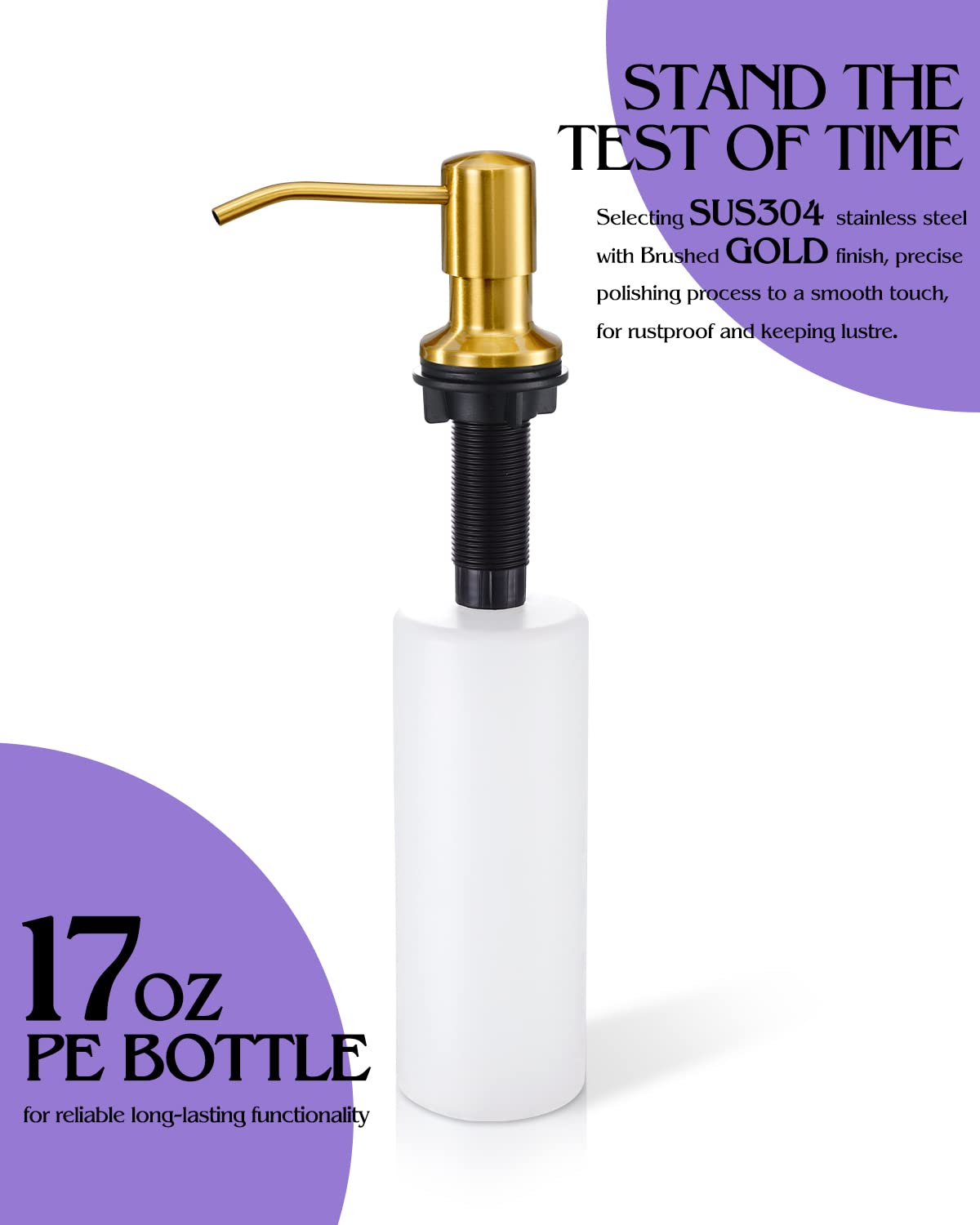 Stainless Steel Kitchen Soap Dispenser with Brushed Gold Finish - Top Refill Countertop Sink Soap Pump for Modern Kitchens and Bathrooms