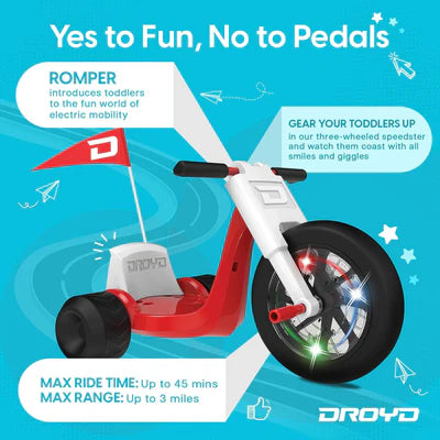 **Droyd Kids Electric Trike 24V 2Ah Lithium-Ion Battery, 50W Brushed Motor, 6 MPH Speed, 3 Miles Range – Red | Fun Outdoor Ride for Boys & Girls, Parks & Neighborhood Adventures**
