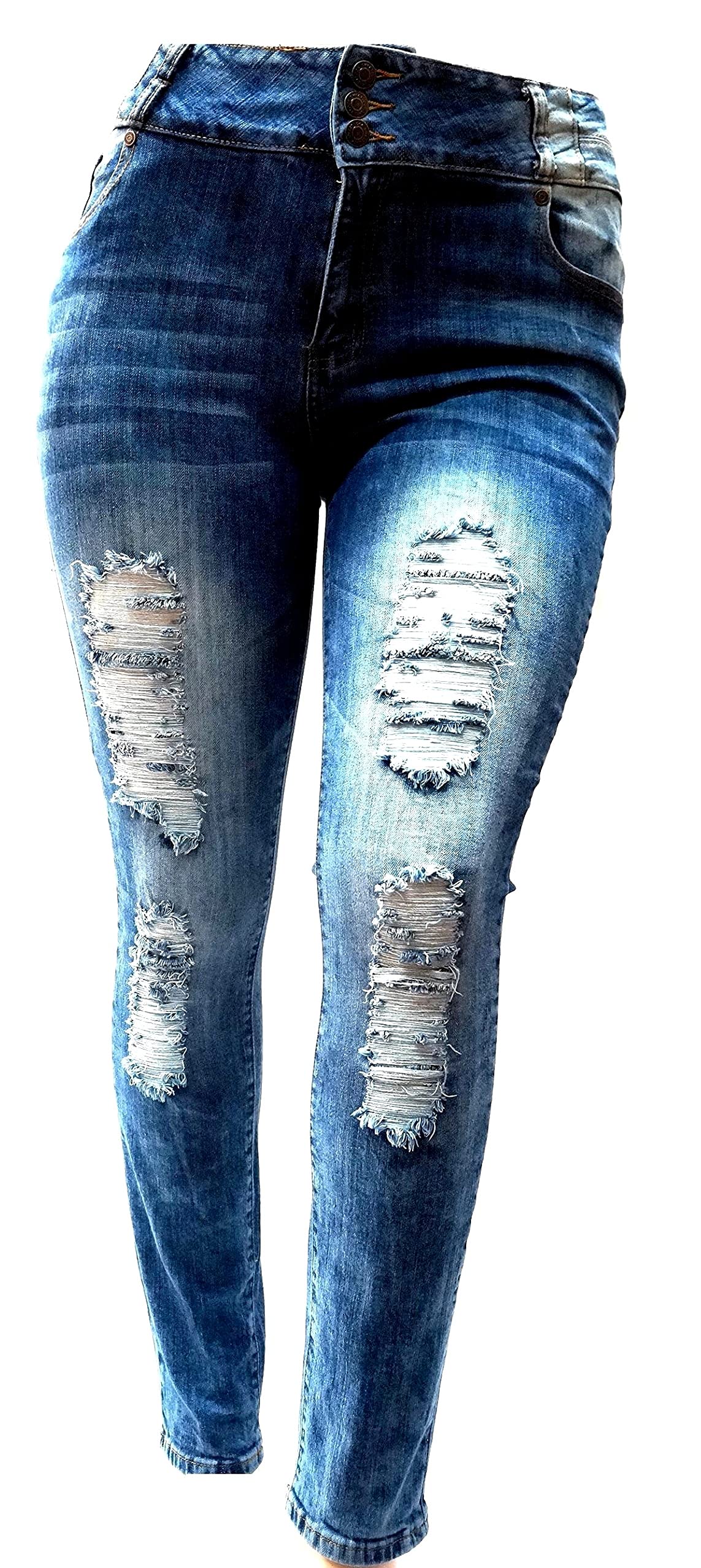 Jack David 1826 Women's Plus Size Stretchy Ripped Skinny Jeans - High Waist Distressed Denim Pants for Casual Wear & Street Style Fashion