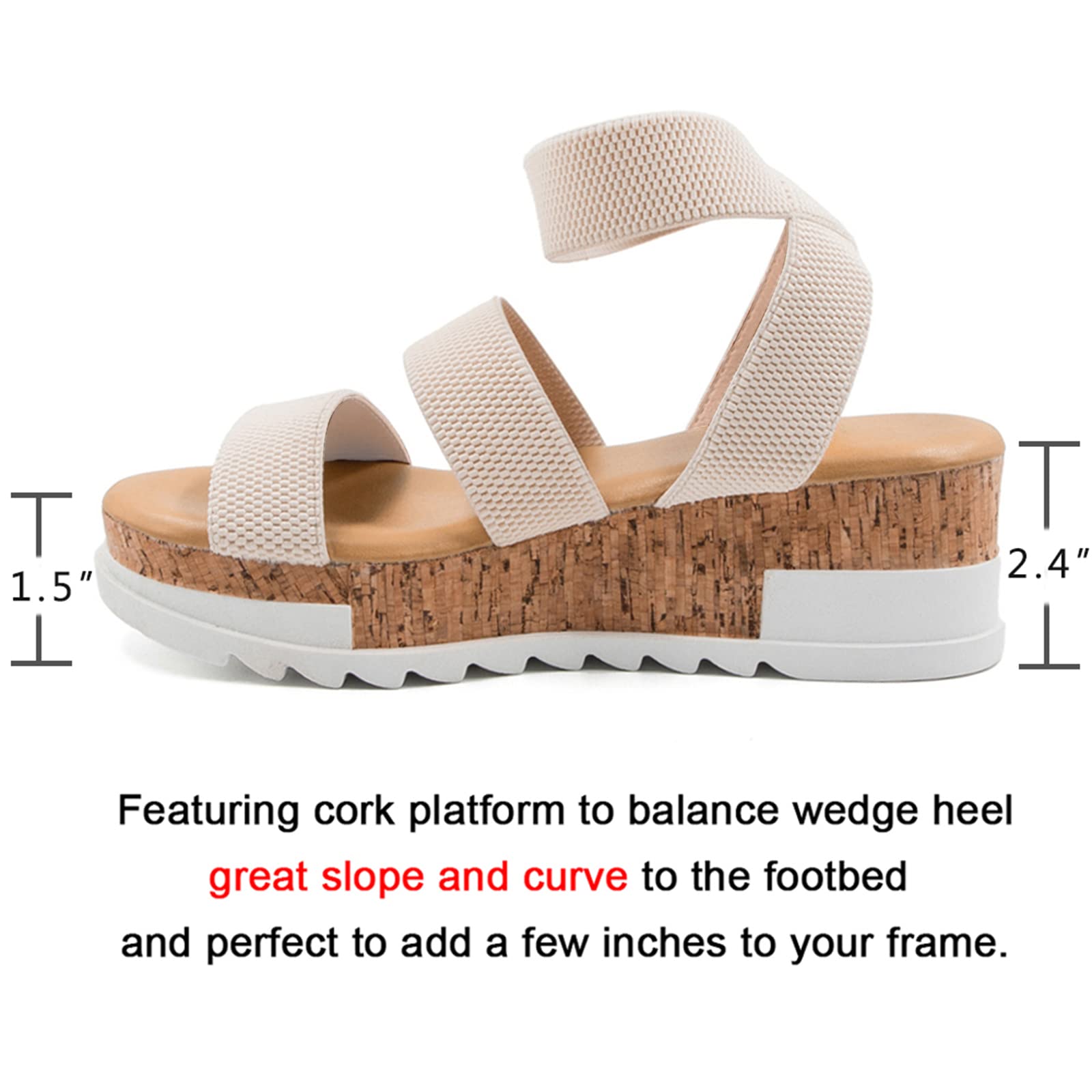 Athlefit Women's Wedge Sandals with Cork Elastic Strap - Comfortable Platform Sandals for Summer, Beach, and Casual Outings
