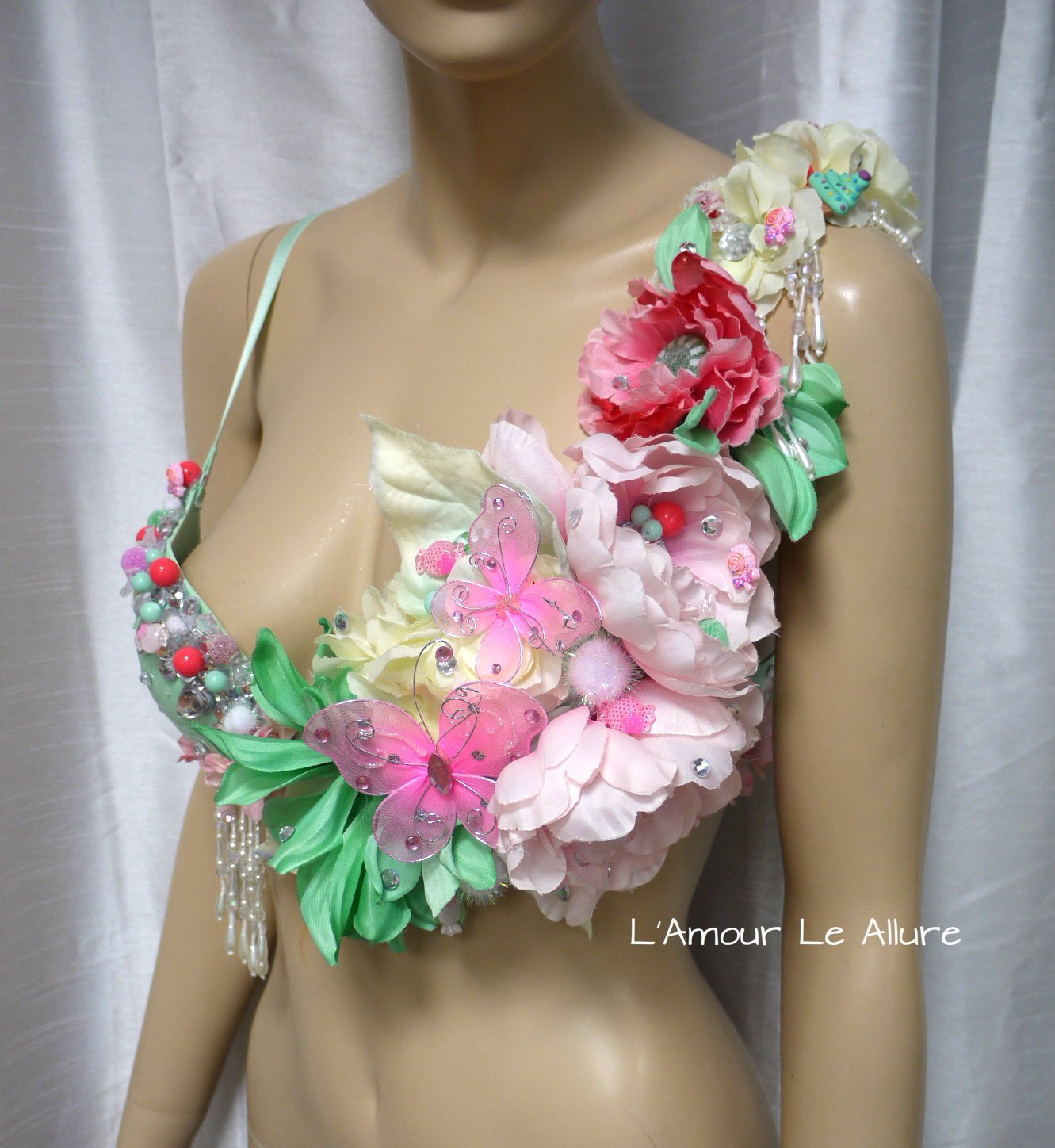 Pink Mint Candy Flower Fairy Fringe Rave Bra - Sexy Halloween Dance Costume for Women, Festival Outfit, Rave Wear, Bachelorette Party, Cosplay & Burlesque Performance