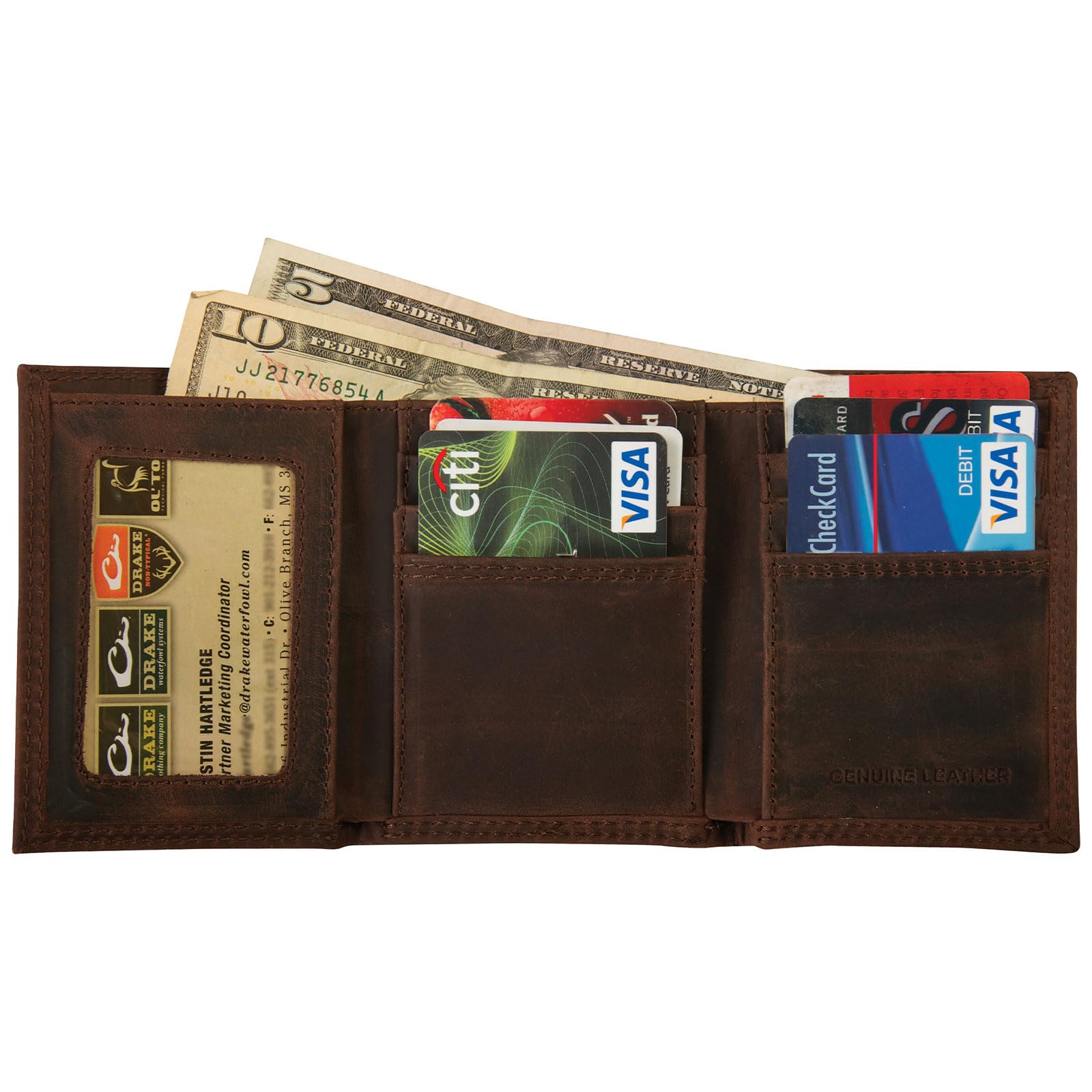 Drake DA7005-LEA Genuine Leather Tri-Fold Wallet for Men - Brown RFID Blocking Bifold Wallet with Multiple Card Slots & ID Window - Perfect for Everyday Use, Travel, and Business (One Size Fits Most)