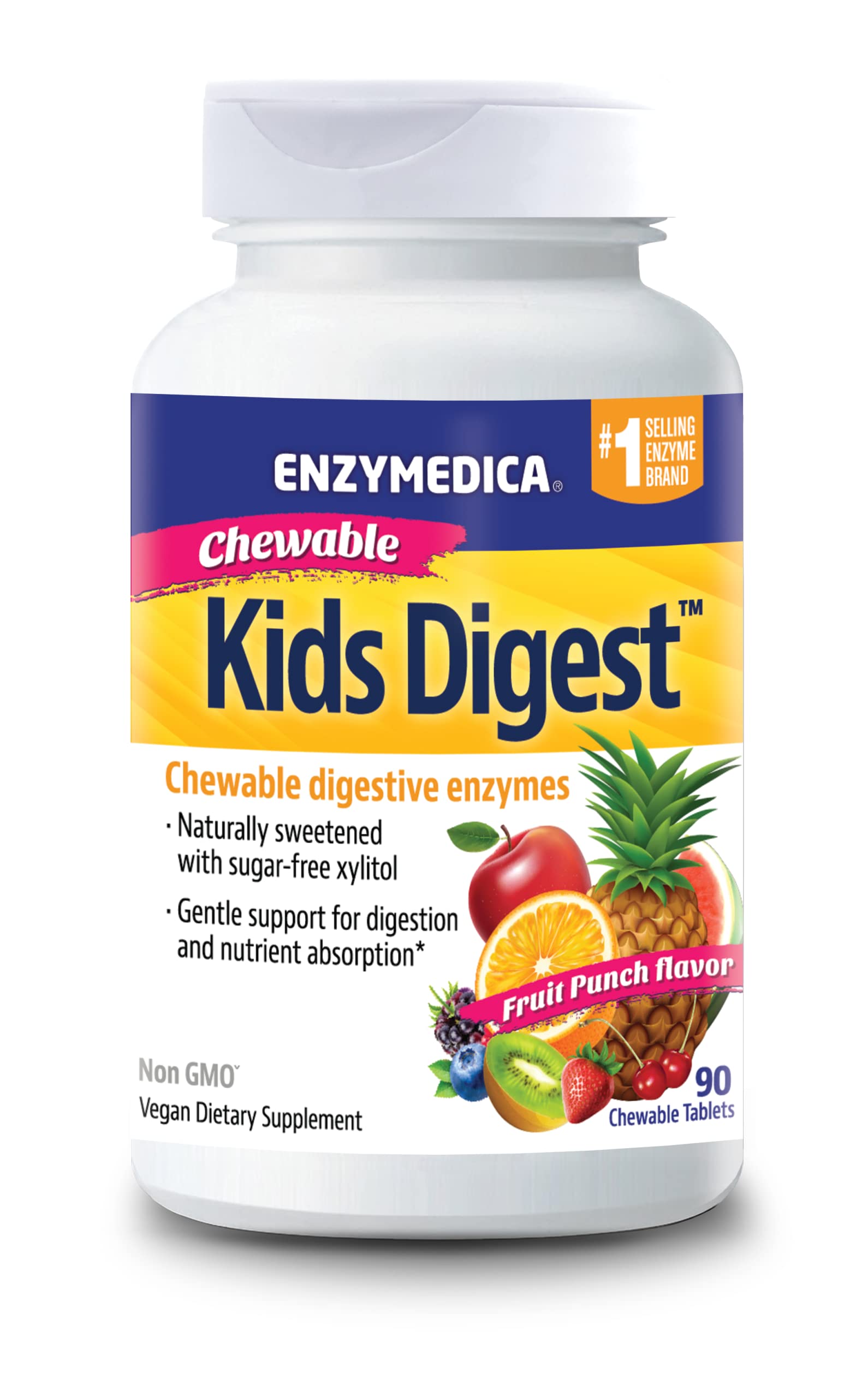 Enzymedica Kids Digest Chewable Tablets - Fruit Punch Flavor (60 Count) | Digestive Support for Kids | Perfect for Travel, School & Daily Use
