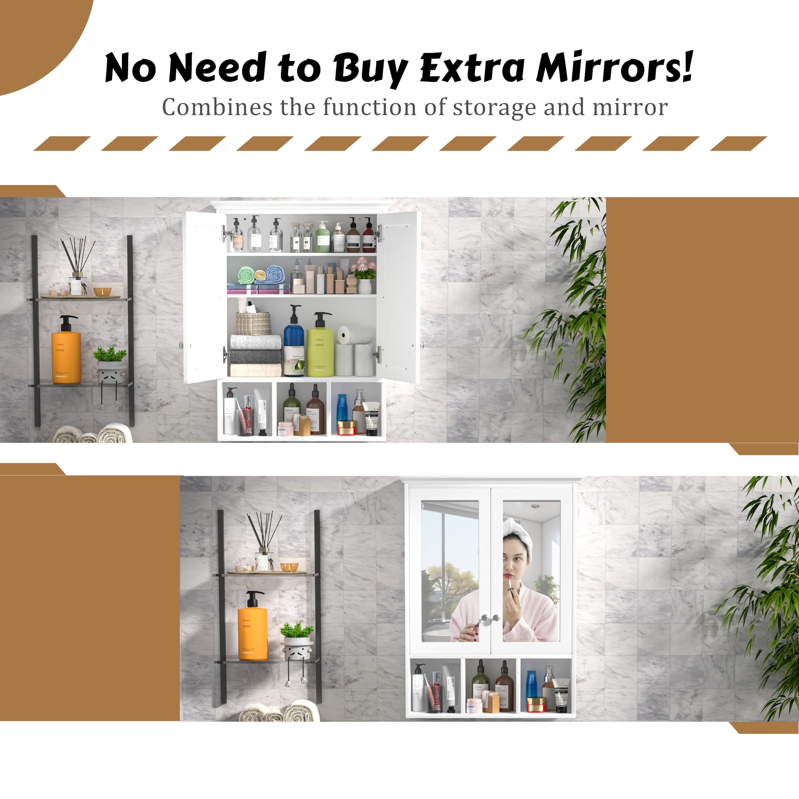 MUPATER Oversized Bathroom Medicine Cabinet with Mirror - Wall Mounted Storage Organizer with 2 Adjustable Shelves & 3 Open Compartments - Perfect for Bathroom, Bedroom or Entryway Organization - White