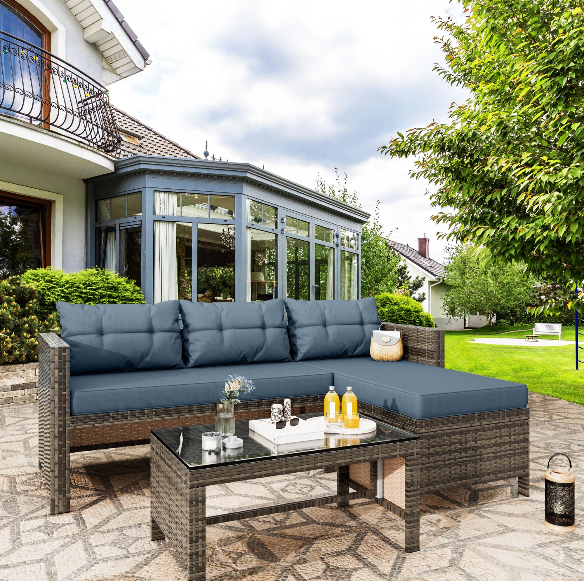 Vongrasig 3-Piece All-Weather Wicker Patio Furniture Set - Outdoor Sofa Sectional with Cushions & Glass Table - Blue Garden Conversation Set for Backyard, Deck, Poolside or Balcony