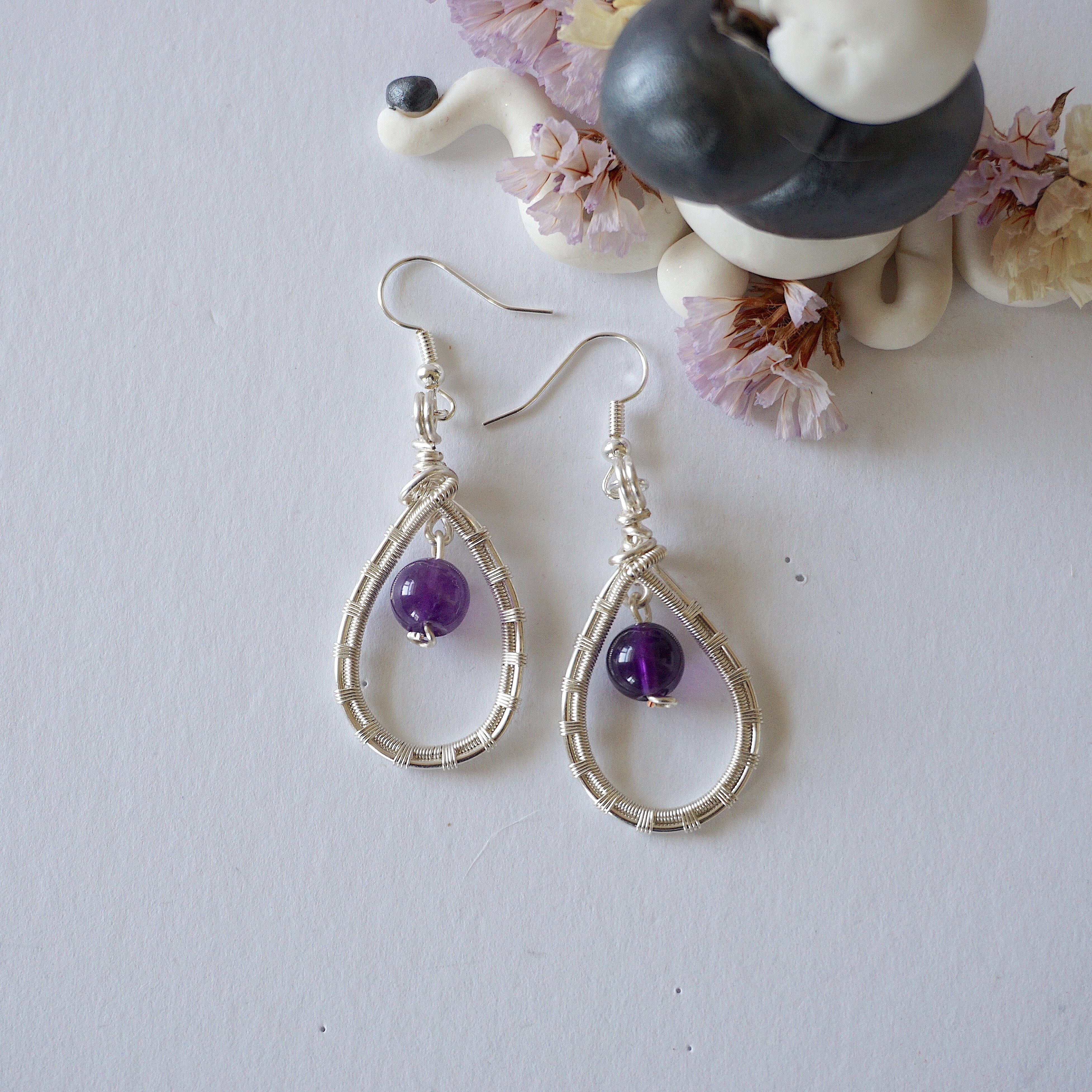Amethyst Round Wire Earrings for Women - Silver Plated Dangle Earrings - Elegant Purple Gemstone Jewelry for Party, Wedding & Everyday Wear