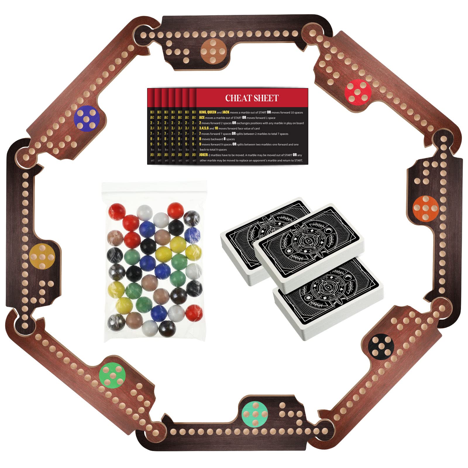 Kathfly Jokers and Marbles Board Game Set - 8 Wooden Boards, 40 Colorful Marbles & Pegs, 3 Decks of Playing Cards - Classic Family Strategy Game for 4-8 Players (Retro Edition) - Perfect for Game Nights, Parties, and Family Gatherings