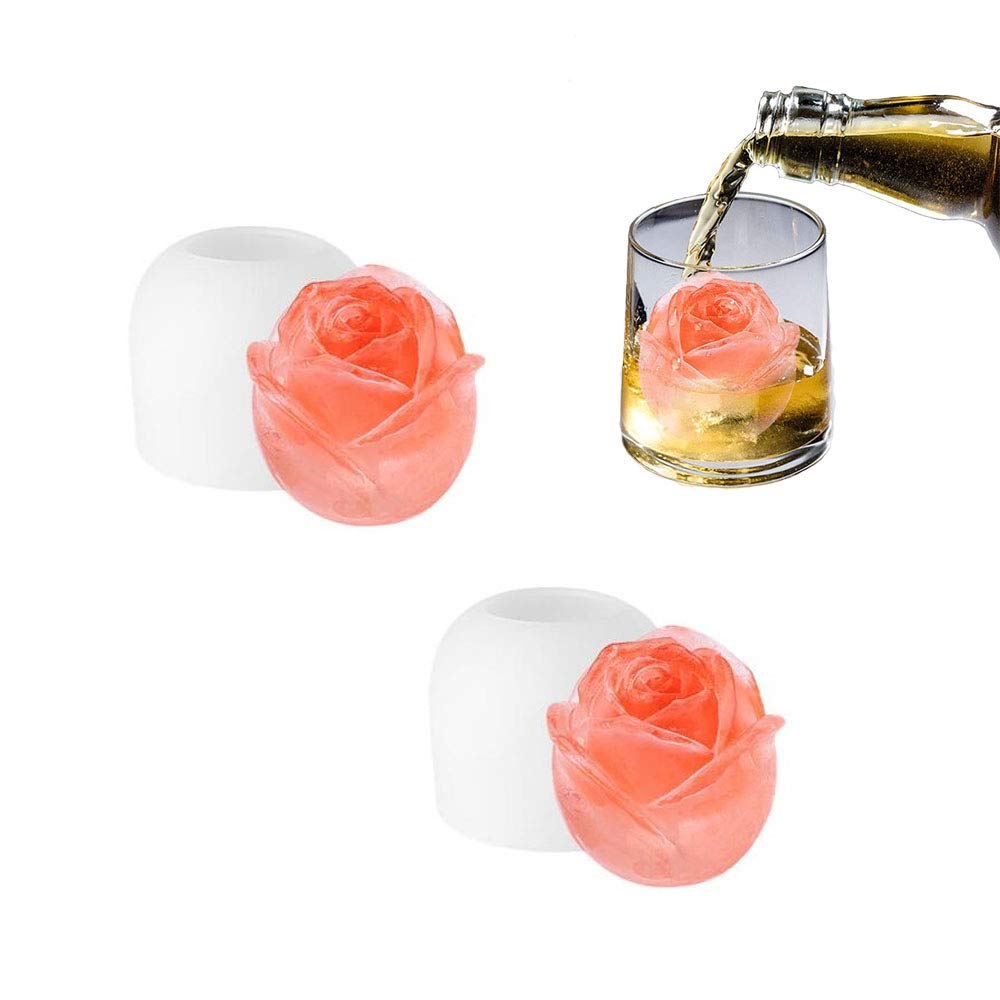 2 Pack 3D Rose Ice Cube Molds - 2 Inch Silicone Rose Shaped Ice Ball Maker for Whiskey, Cocktails, Bourbon, Chilled Drinks & Homemade Juice - Perfect for Romantic Date Nights, Parties & Home Bars