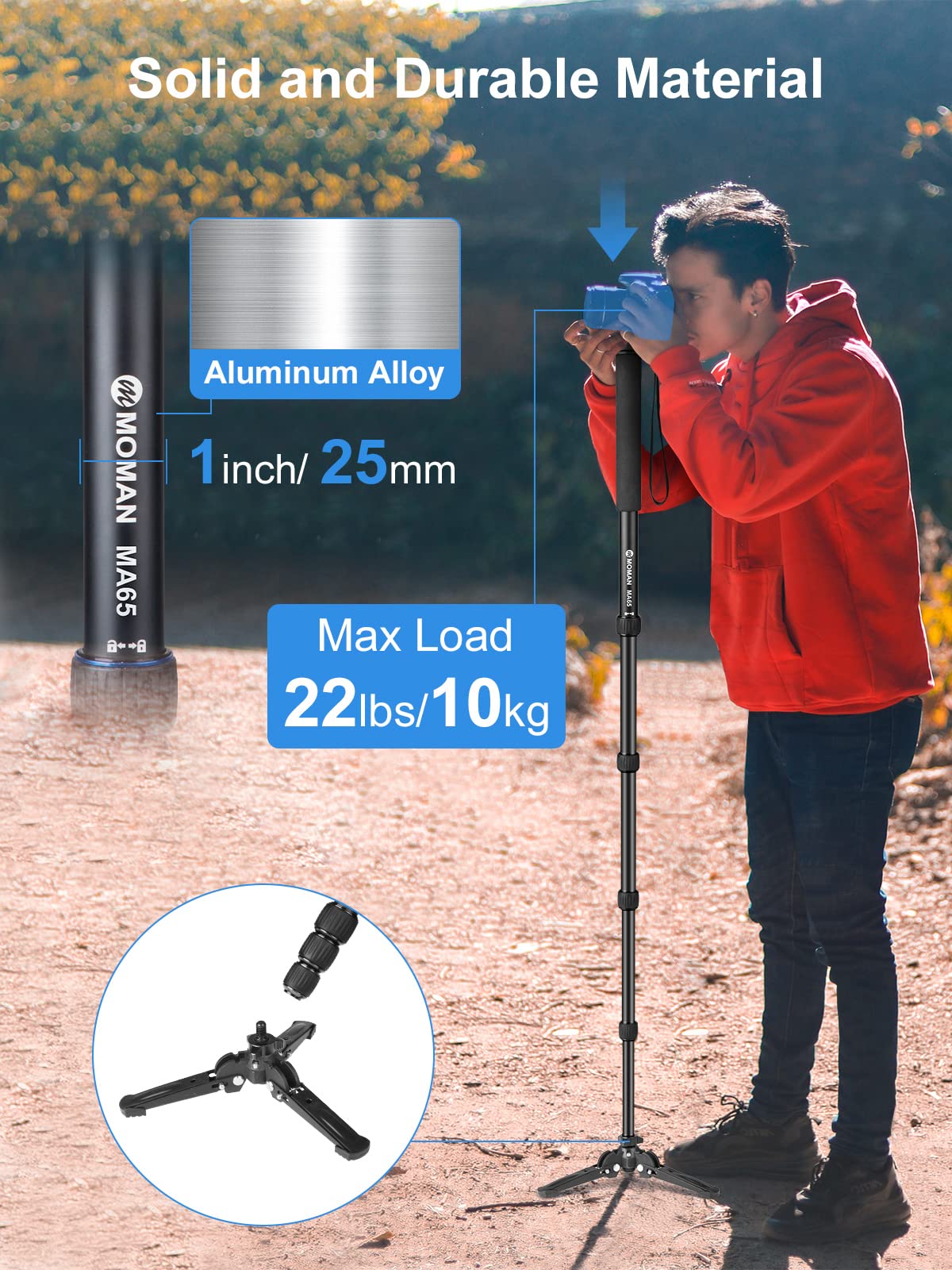 Portable Aluminum Camera Monopod - Moman MA65 Extendable Travel Monopod with Tripod Base for DSLR Cameras (Max Load 22 lbs) | Perfect for Travel, Vlogging & Outdoor Photography