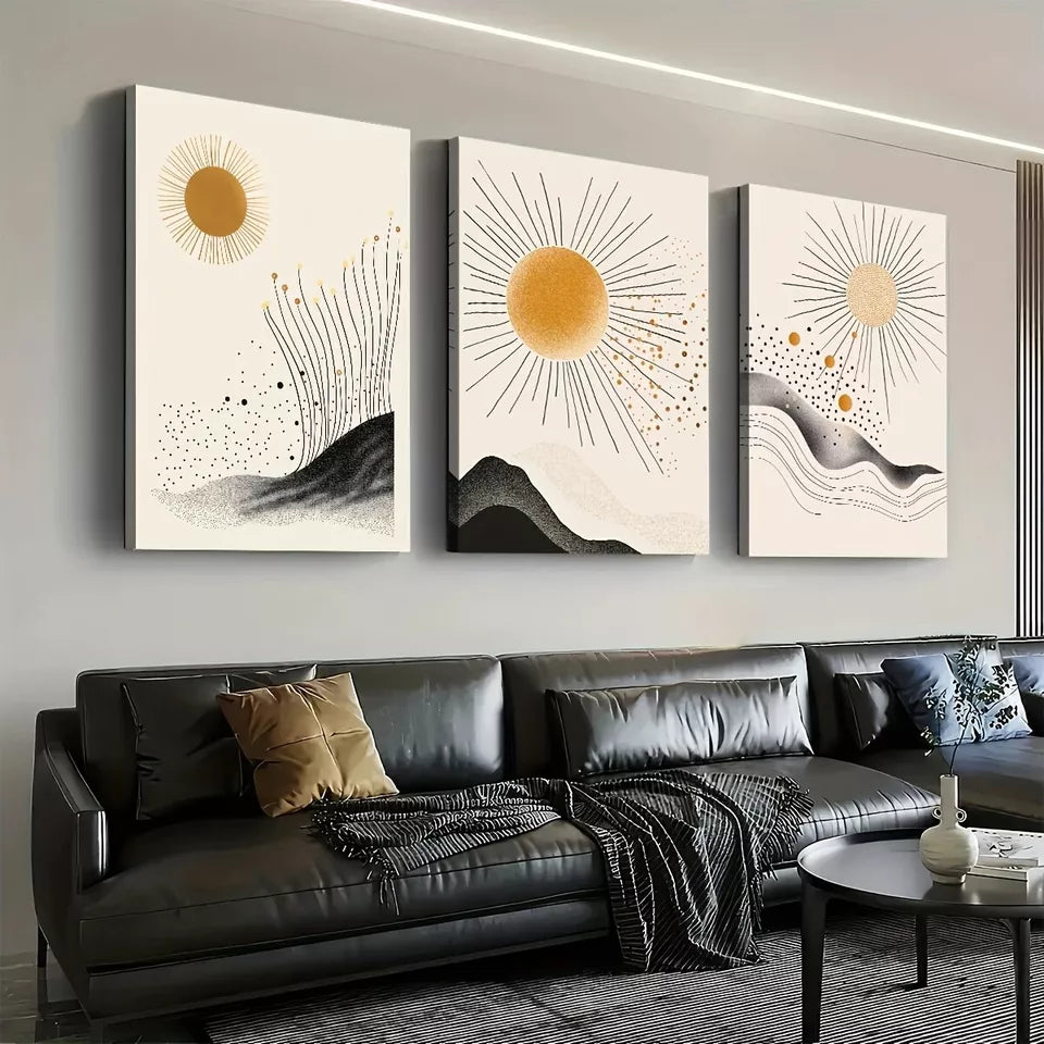 3-Piece Minimalist Sun Mountain Modern Abstract Wall Art Set - Framed Canvas 50x70cm (20x28in) - High Quality Print - Australian Made - Ready to Hang - Perfect for Living Room, Bedroom & Office Decor