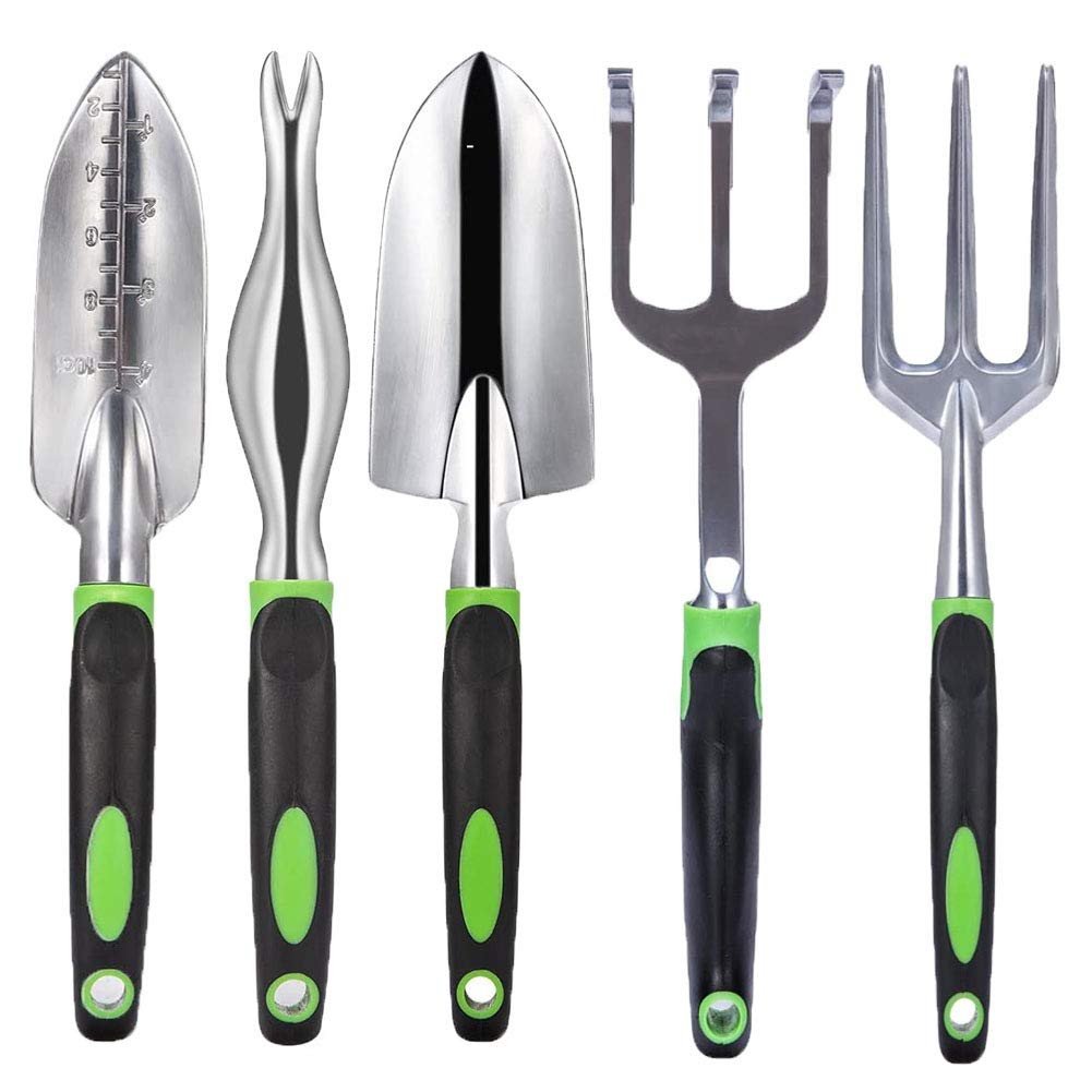 Heavy Duty 5-Piece Aluminum Garden Tool Set with Non-Slip Ergonomic Handles - Lxcom Outdoor Gardening Kit for Planting, Weeding & Landscaping - Perfect Gift for Home Gardeners (Green)