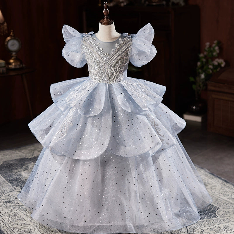 Dusty Blue Organza Flower Girl Dress - Princess Round Floor Length for Weddings & Special Occasions