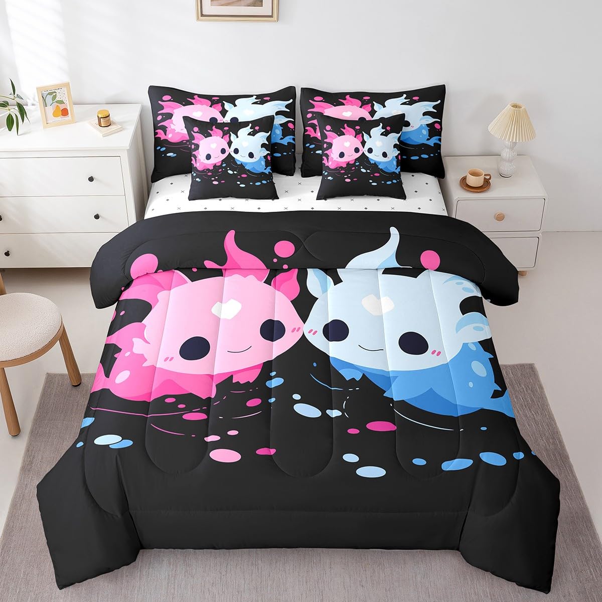 **Axolotl Toddler Bedding Set 7pcs - Full Size Comforter, Sheets & Pillowcase for Boys & Girls - Cute Cartoon Salamander Ocean Animal Theme in Pink, Blue, Polka Dots & Black - Kawaii Kids Room Decor for Nursery, Bedroom & Sleepovers**