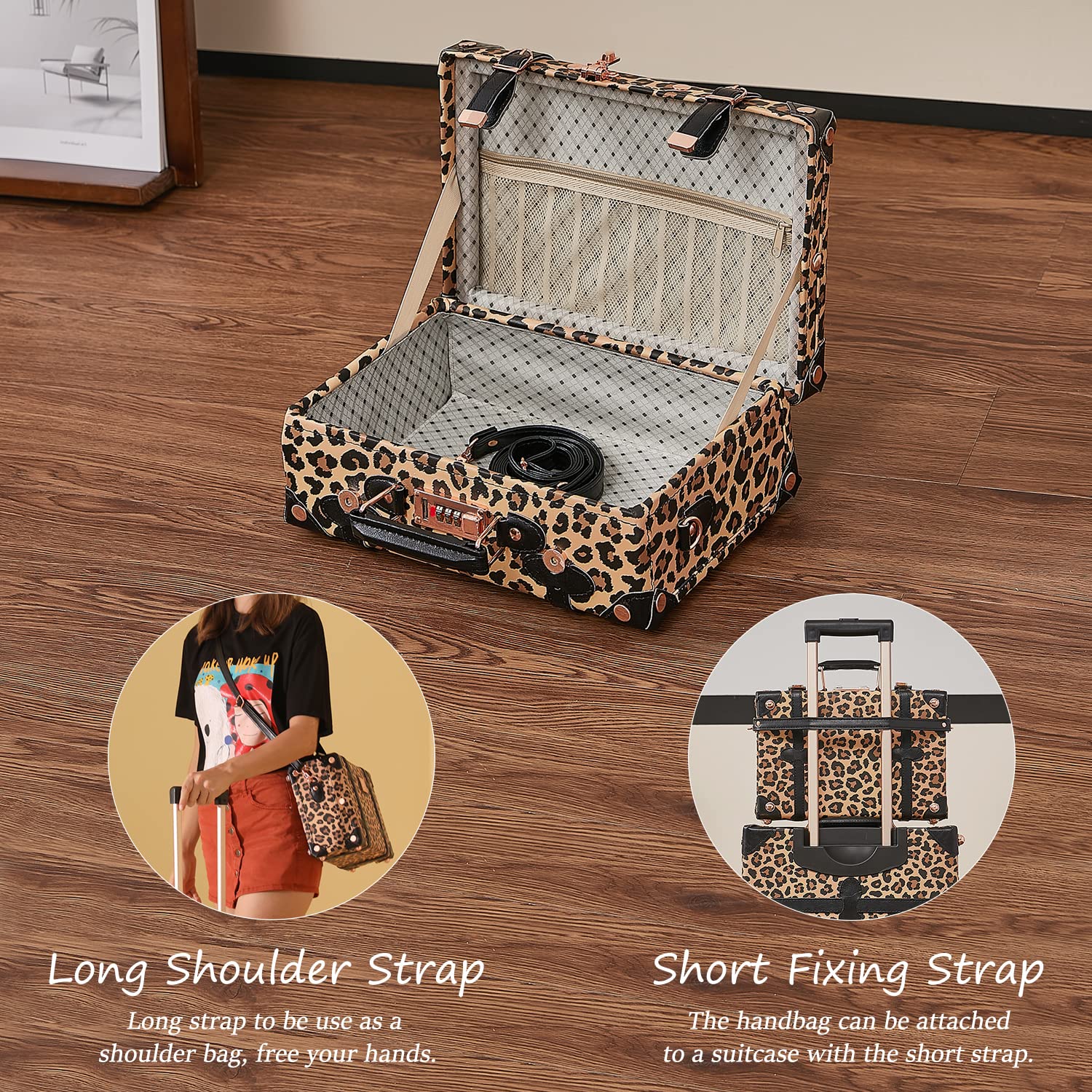 Unitravel 2-Piece Vintage Suitcase Set - 26 Inch Faux Leather Women's Spinner Luggage with Cosmetic Train Case Handbag (Leopard Print) - Perfect for Travel, Vacation & Business Trips