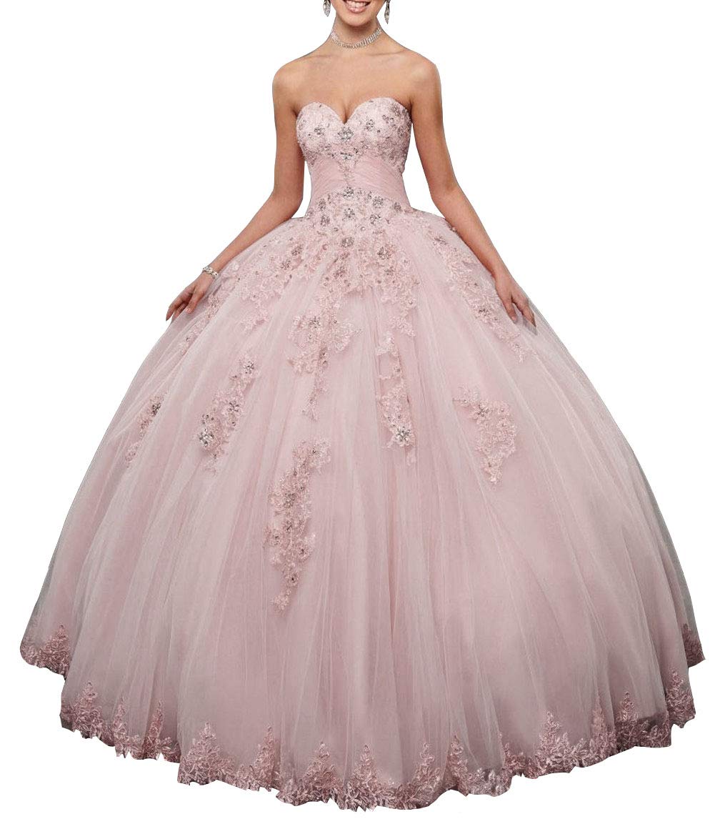 Emanni Women's Sweetheart Quinceanera Dress with Lace Appliques - Princess Prom Party Gown in Light Pink for Quinceañera, Prom, Wedding & Special Occasions