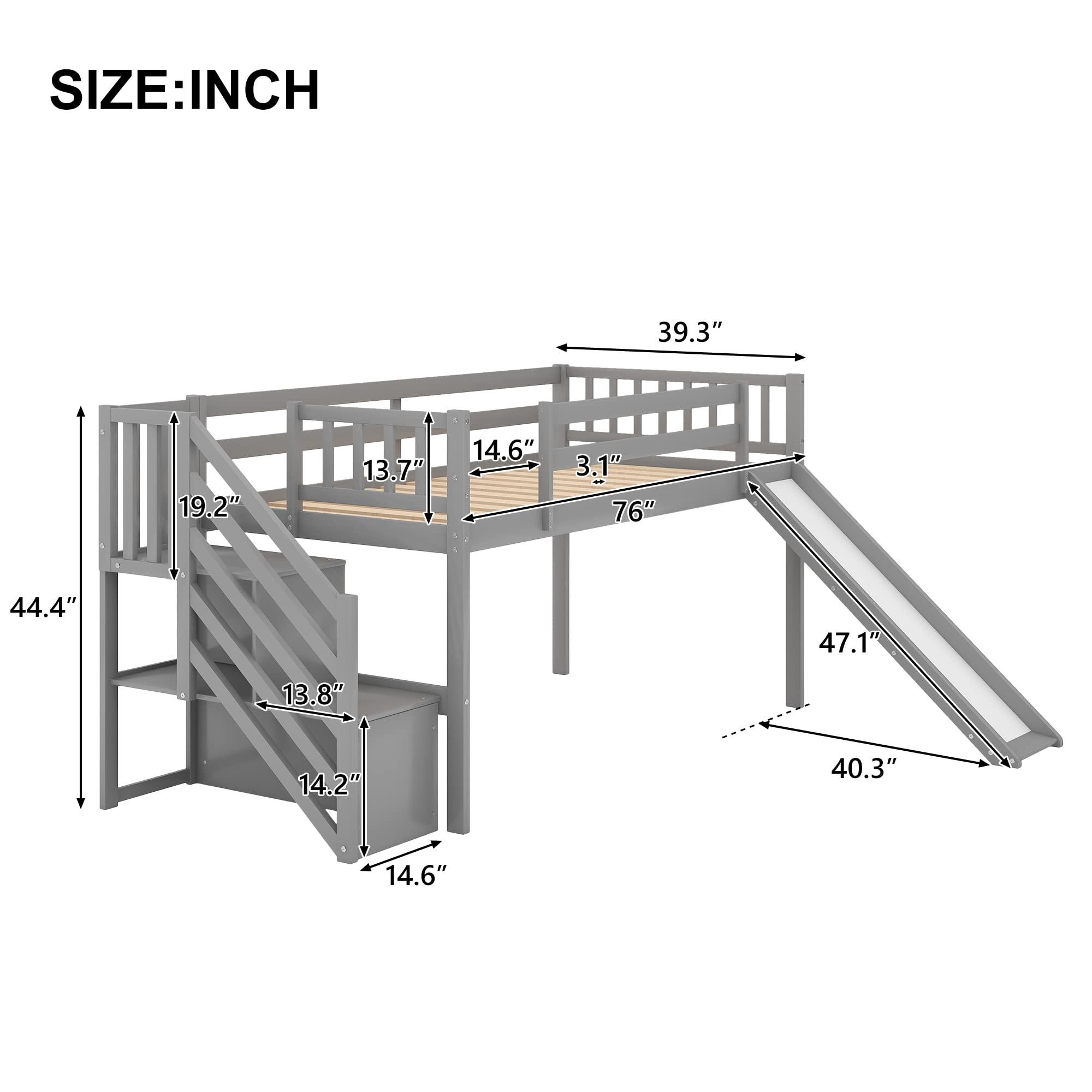 Convertible Twin Size Solid Wood Loft Bed with Fun Slide & Storage Staircase - Kids & Teens Low Bunk Bed with Safety Guardrail & Reinforced Wood Slats (Grey) - Perfect for Small Bedrooms, Playrooms & Dorm Rooms