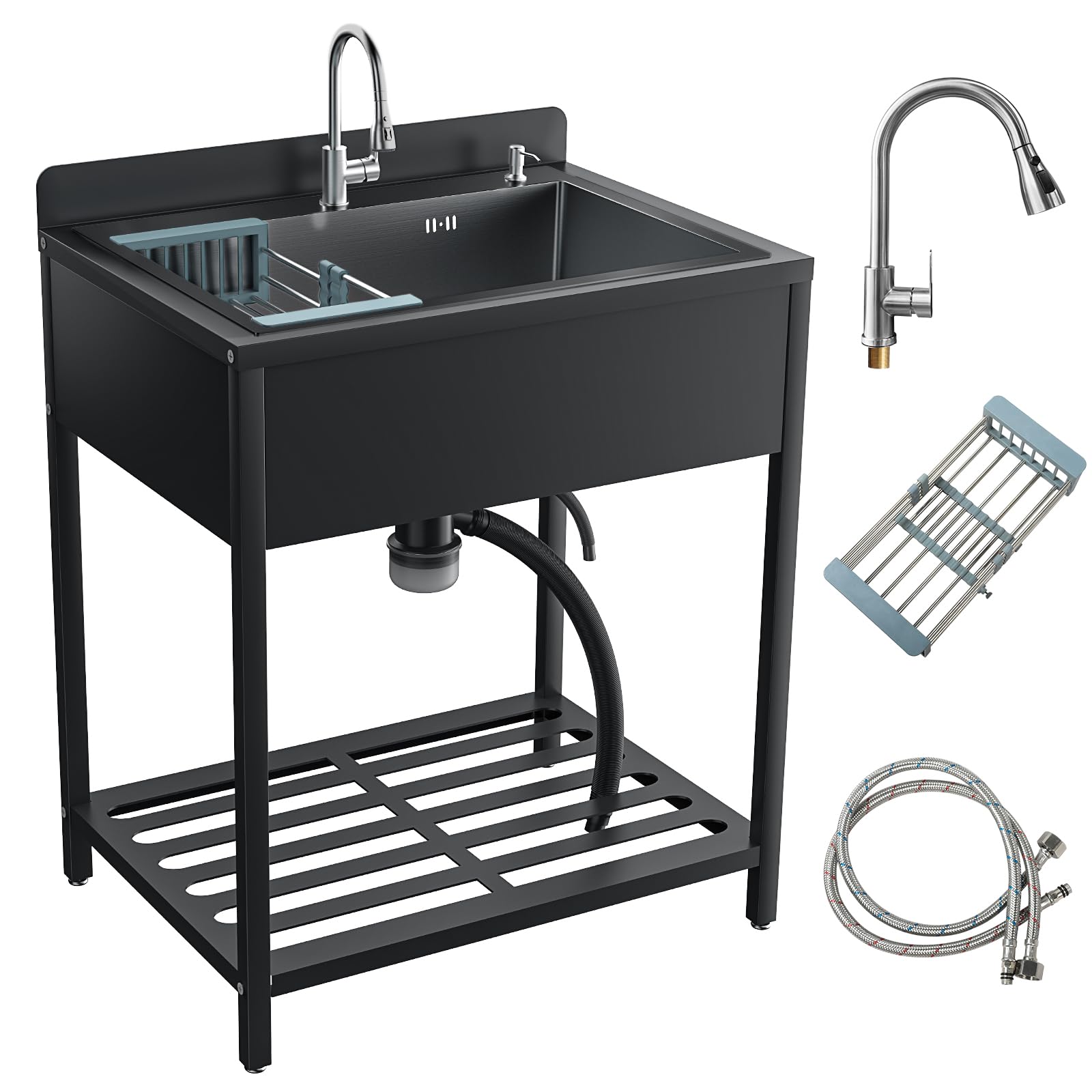 33 Inch Stainless Steel Utility Sink with Hot & Cold Water Faucet - Commercial Kitchen & Outdoor Sink with Drain Kit - Heavy Duty Laundry Sink for Bathroom, Garage, Workshop & RV Use (Black)