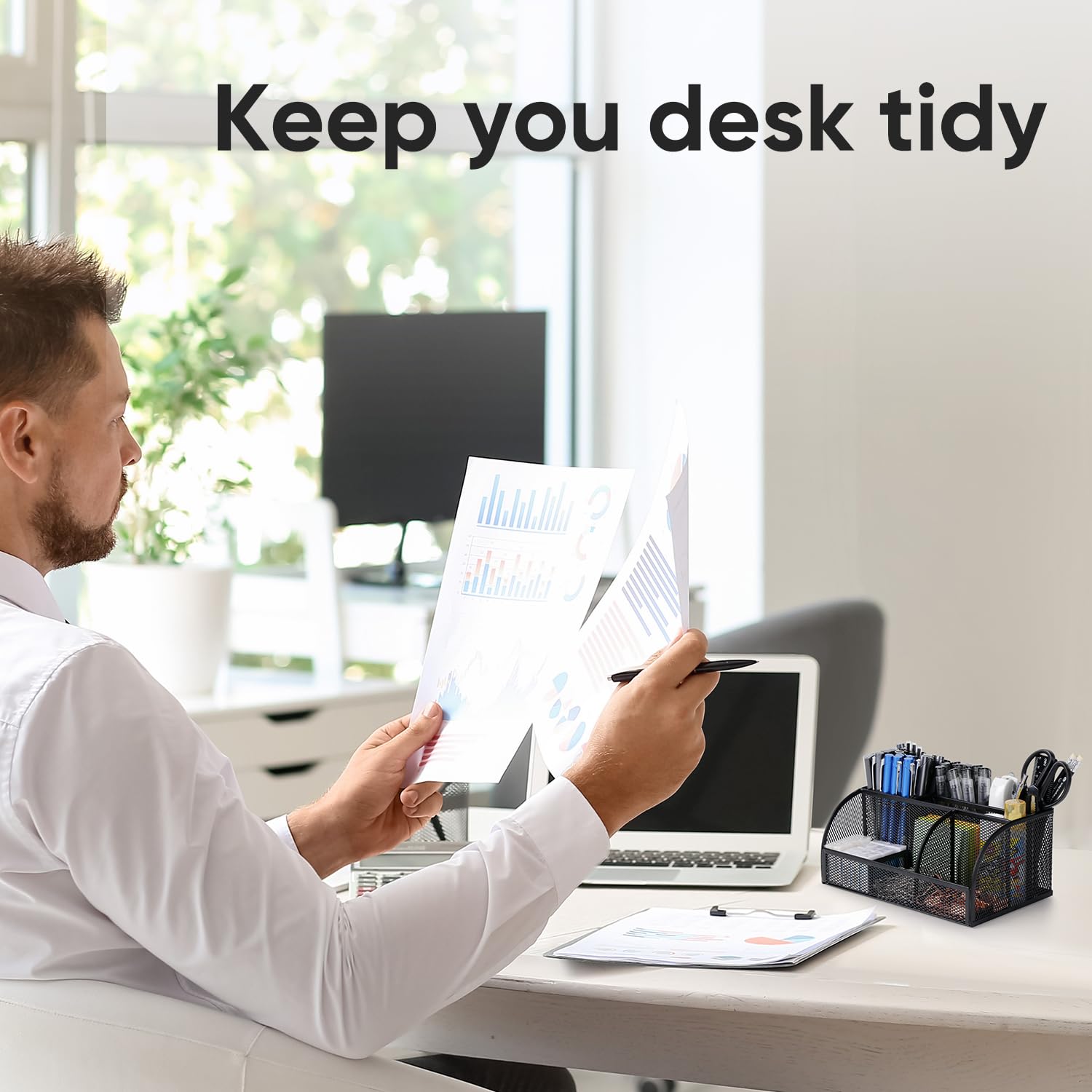 Deli 7-Compartment Black Mesh Desk Organizer with Pen Holder - Metal Office Desktop Organizer & Stationery Caddy for Home, Office, and School Workspace Organization