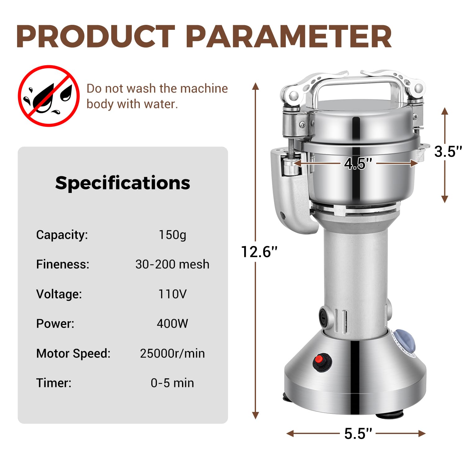 650W Electric Grain Mill Grinder - 150g Commercial Stainless Steel Spice Grinder for Wheat, Oats, Corn, Pepper & Coffee Beans | High-Speed Kitchen Pulverizer for Baking, Cooking & Coffee Brewing