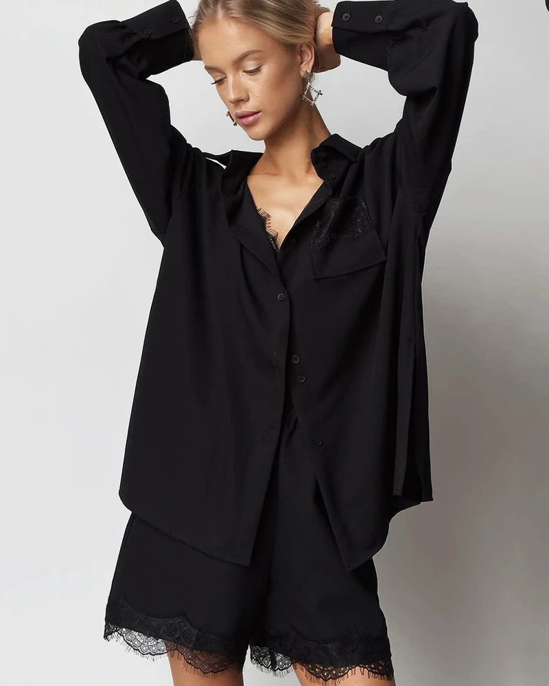 Oversized Silk Shirt and Shorts Pajama Set for Women - Soft & Comfortable Sleepwear - Perfect for Lounge, Travel and Relaxation at Home