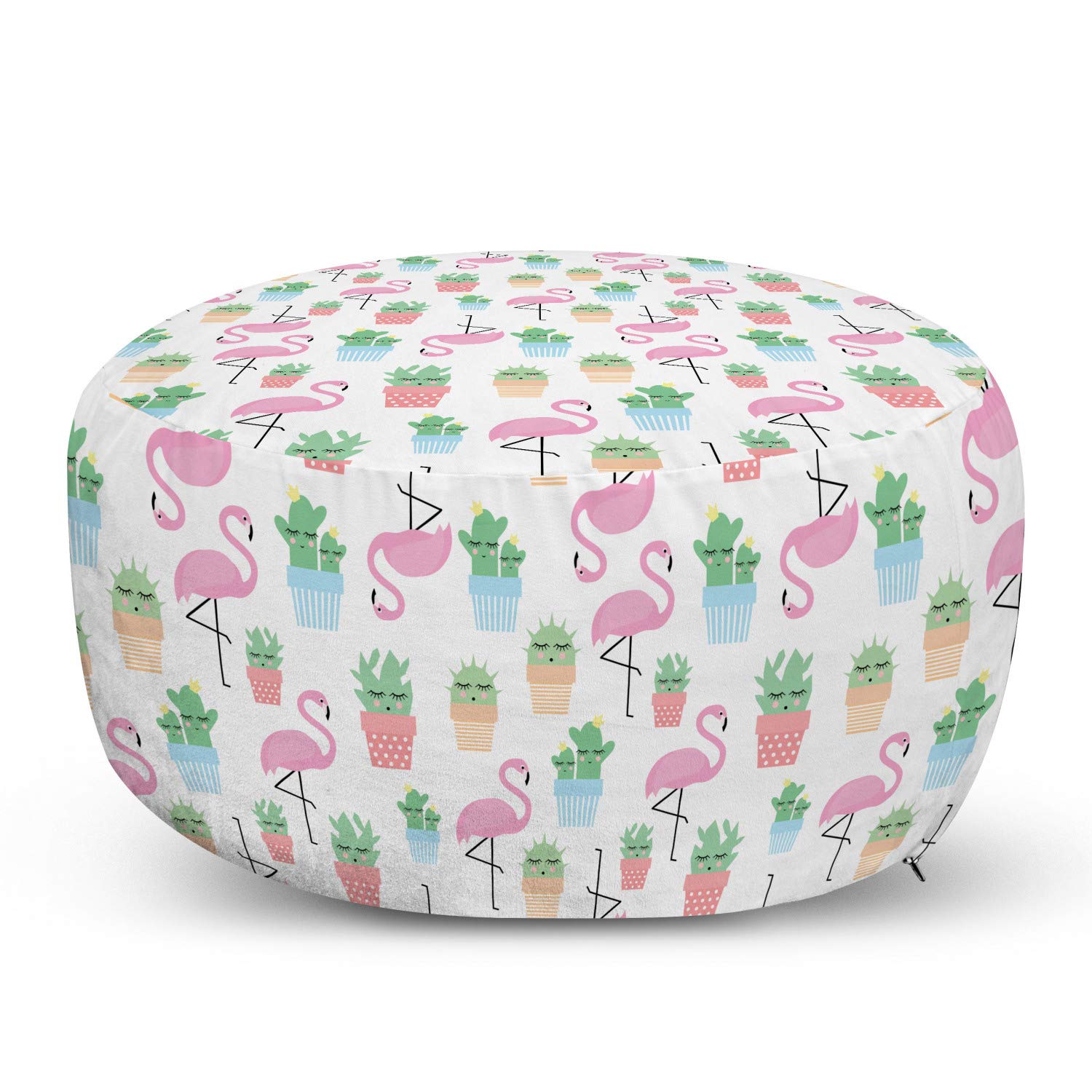Ambesonne Cactus Ottoman Pouf with Flamingo & Tropical Plant Cartoon Print - Soft Foot Rest Stool with Removable Cover for Living Room & Bedroom - Multicolor Decorative Accent Piece for Home, Office or Dorm