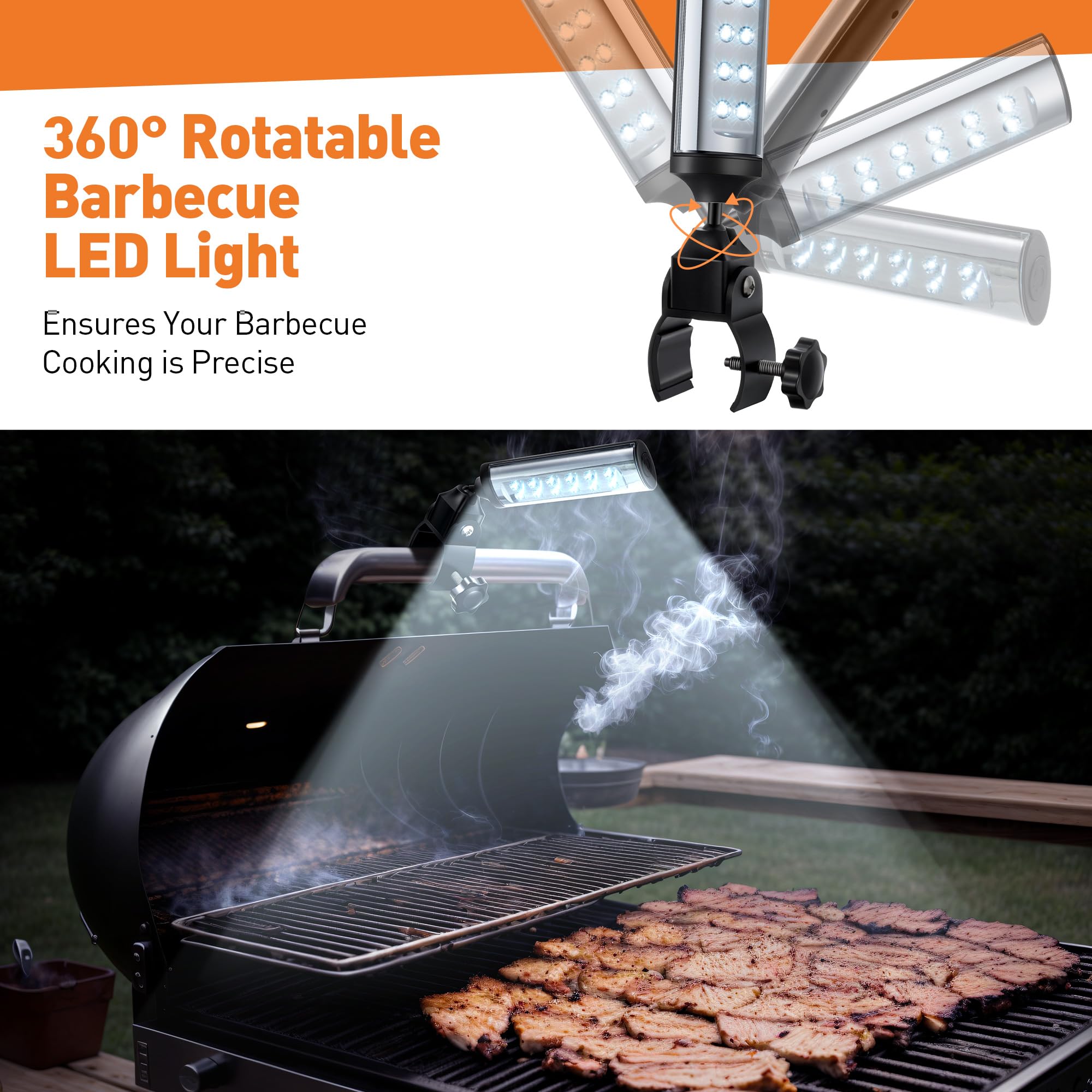 Meonum 2 Pack LED Grill Lights for Outdoor BBQ - 360° Adjustable C-Clamp, Battery Operated Barbecue Lighting with 12 Bright LEDs - Perfect for Night Grilling, Camping & Backyard Cookouts