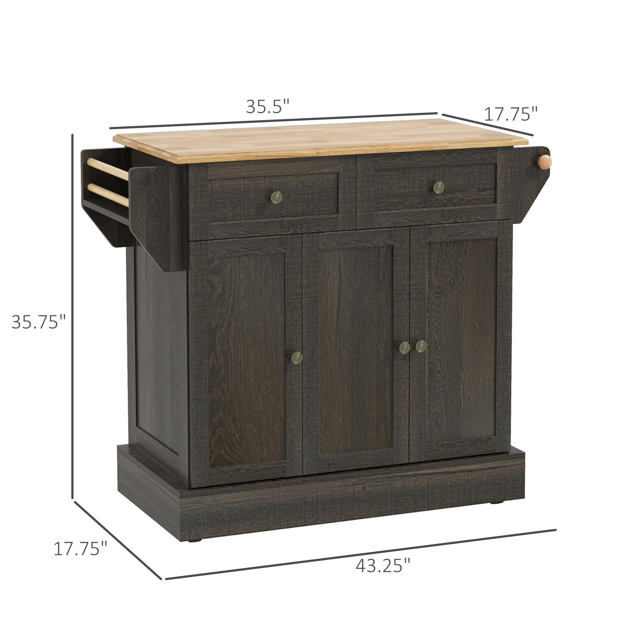 HOMCOM Triple-Cabinet Kitchen Island with Wheels - Rolling Storage Cabinet with Drawers, Wood Countertop, Towel Rack & Spice Stand - Distressed Brown Finish for Modern Farmhouse Kitchen, Dining Room or Small Space Organization