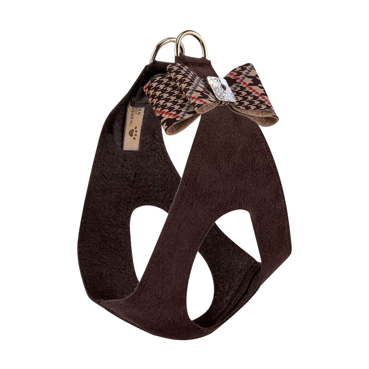 Premium Chocolate Glen Houndstooth Big Bow Step-In Dog Harness - Fashionable & Secure for Small to Medium Dogs - Perfect for Walks, Training & Photo Shoots