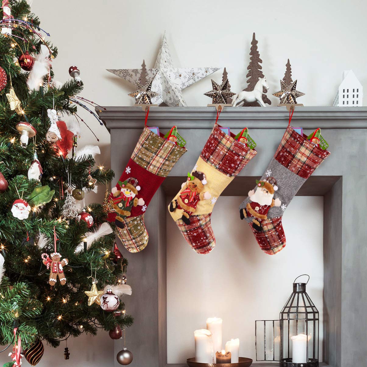 Festive Christmas Stockings Set of 3 - Santa, Snowman & Reindeer Holiday Decor (18