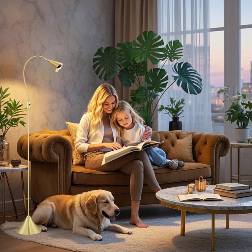 HomeFocus LED Floor Lamp with Dimmer - 3 Adjustable Reading Modes, Eye-Caring Design, 5W Energy Efficient Super Bright Light for Living Room, Bedroom, Office & Study (Gold) - Perfect for Reading, Working & Relaxing