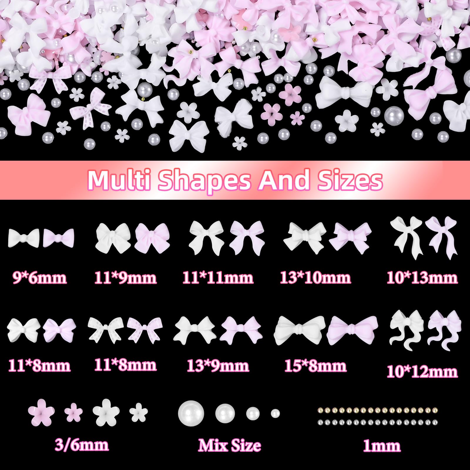 200 Pcs Pink & White 3D Bow Nail Charms - Mixed Bowknots & Bow Tie Resin Nail Art Decorations for Acrylic Nails, DIY Manicure Accessories - Perfect for Bridal, Party, Salon & Everyday Nail Art Designs