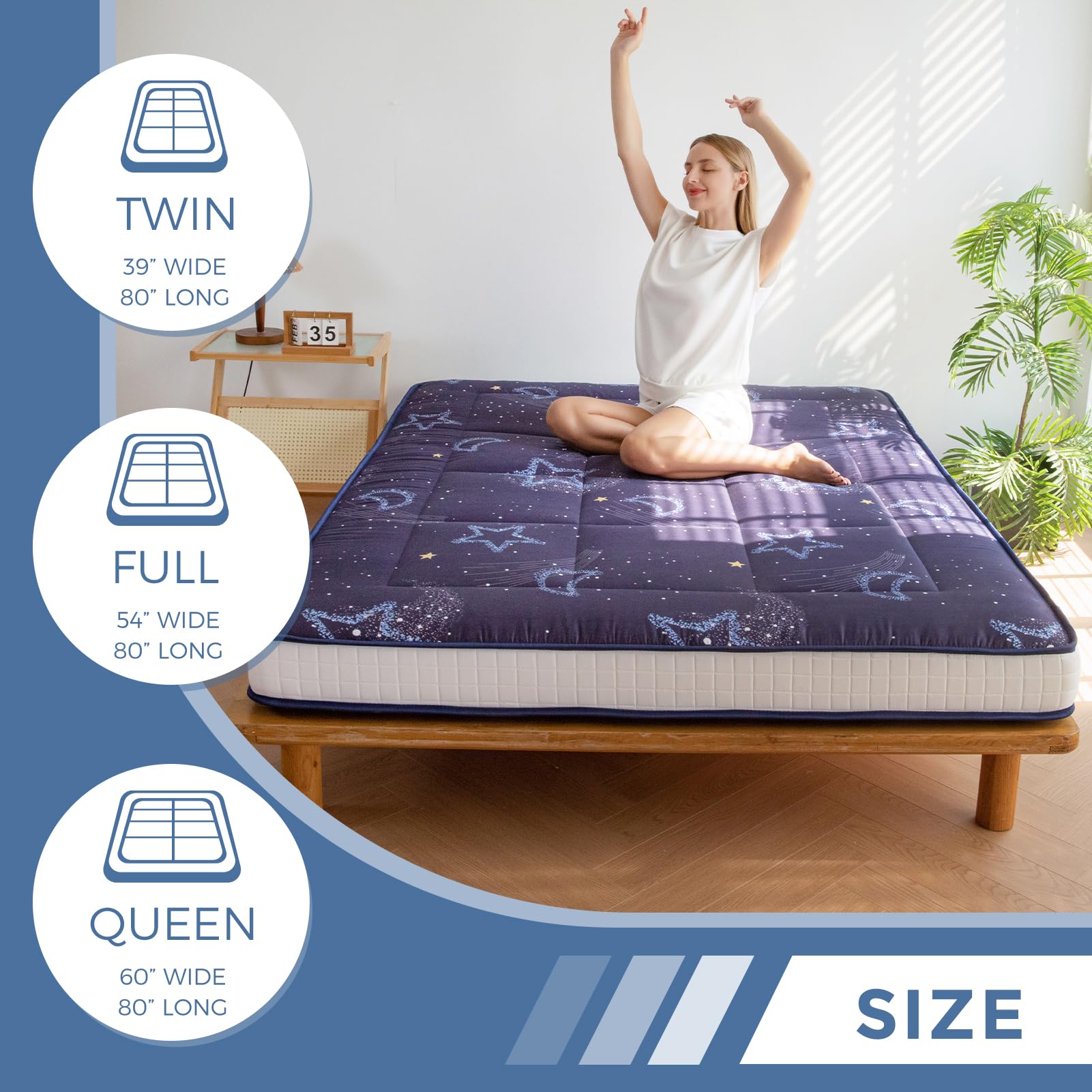MAXYOYO 6-Inch Extra Thick Futon Mattress - Japanese Floor Mattress with Moon Star Pattern, Tatami Style Sleeping Pad for Guest Bed, Dorm Room, Camping & Home Decor