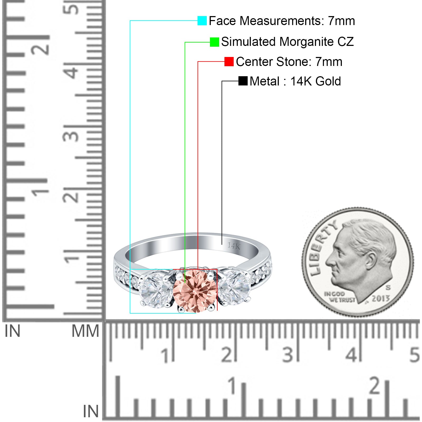 14K Yellow Gold Three Stone Round Morganite & CZ Ring for Women - Elegant Engagement, Wedding, Anniversary Jewelry Gift