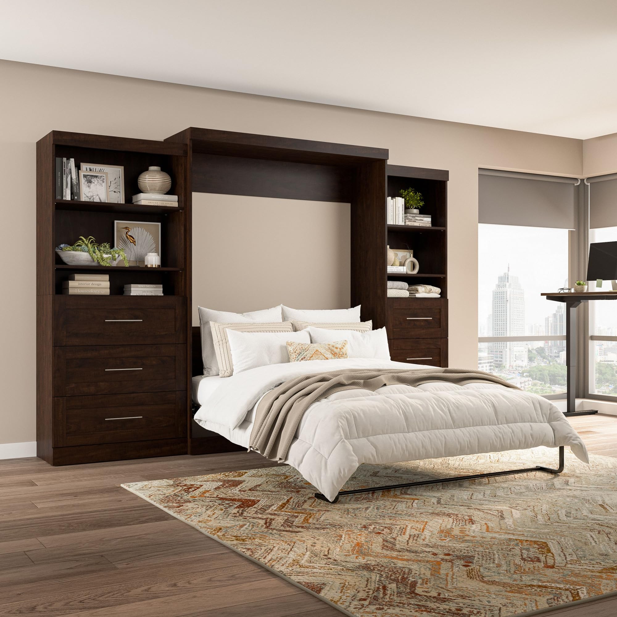 Bestar Pur Queen Murphy Bed with 2 Shelving Units - Space-Saving Wall Bed with Storage & Closet Organizers, Chocolate Finish (126-inch) - Perfect for Small Apartments, Guest Rooms & Home Offices