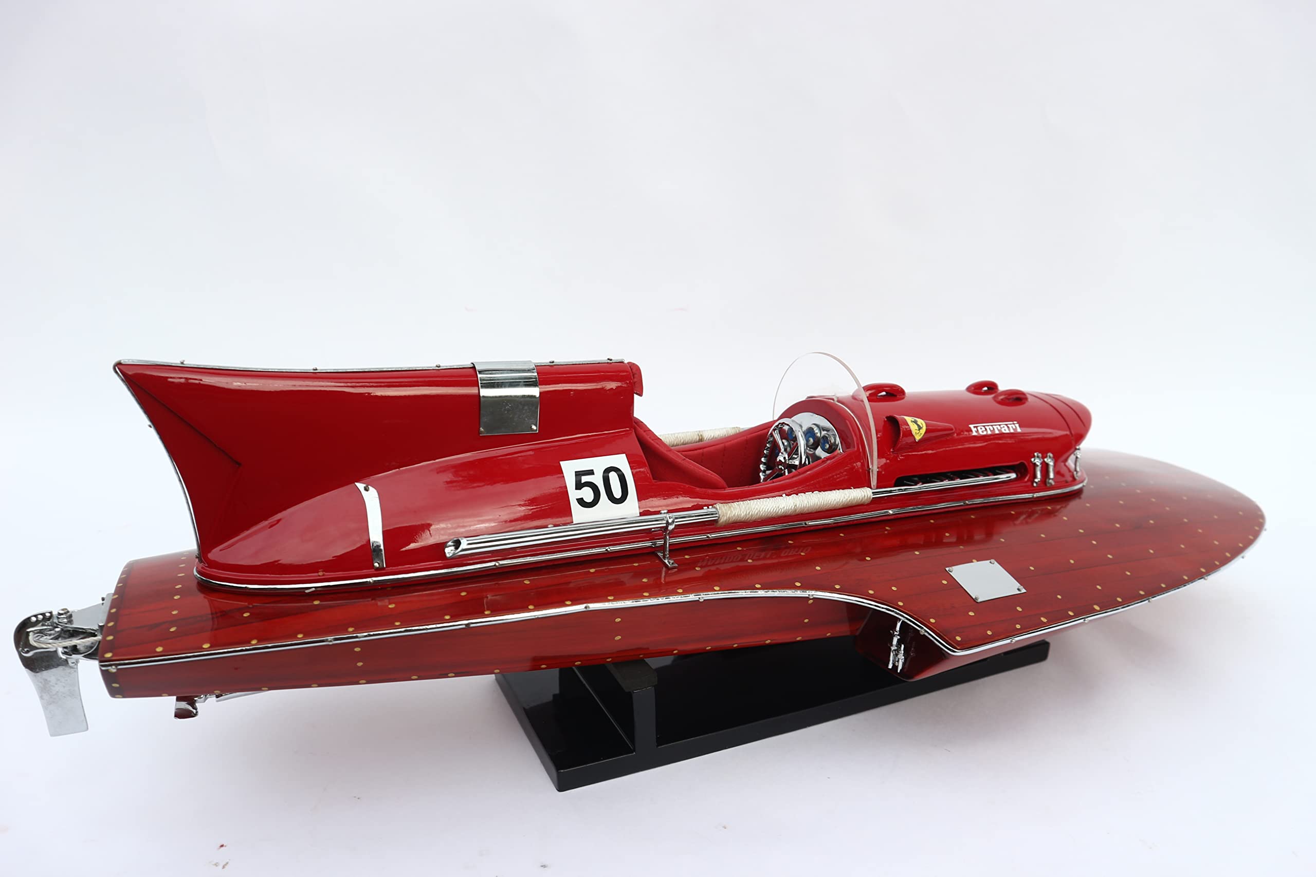 GIA Certified Wooden Ferrari Hydroplane Model Boat - Handcrafted, Stain Finished & Painted - 61x30x21cm Red Display Piece for Home Office Decor, Collector's Showcase, or Nautical Gift