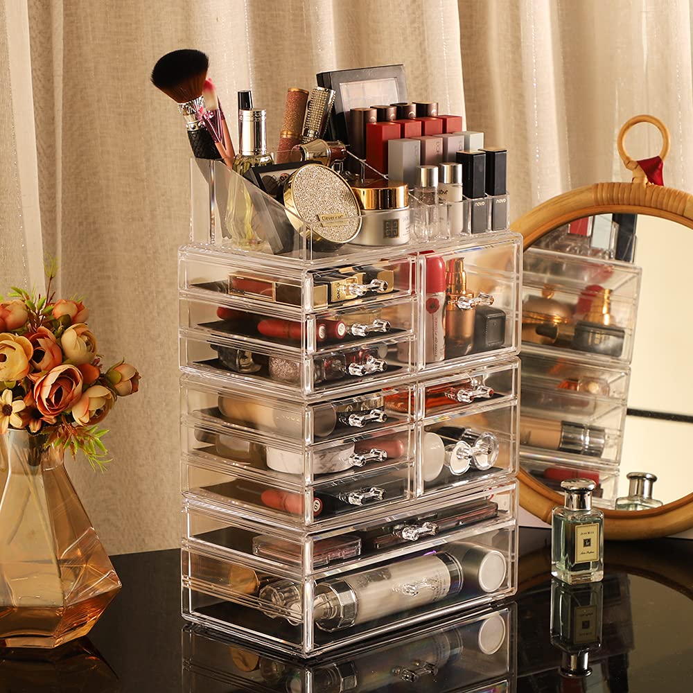 **4-Pack Clear Acrylic Skincare Organizer with 11 Stackable Drawers - Vanity Makeup & Jewelry Storage for Beauty, Hair Clips & Skincare Products - Perfect for Bedroom, Bathroom & Dressing Table Organization**