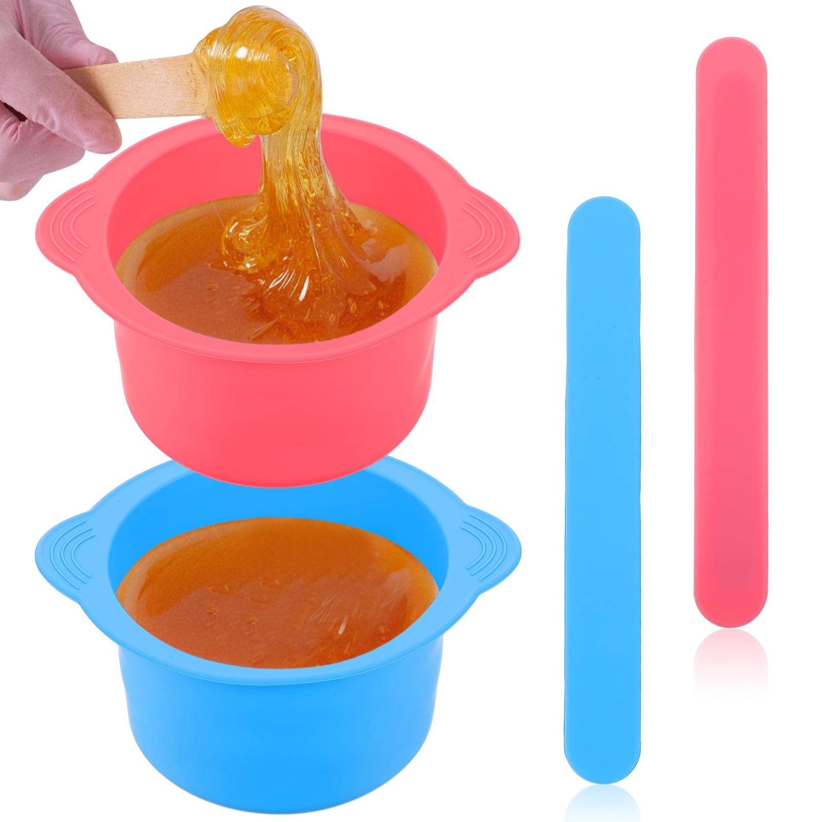 2PCS Reusable Silicone Wax Pot Liners & Bowls with Non-Stick Sticks - Hair Removal Waxing Kit for Eyebrows, Legs, Bikini (Blue & Pink) - Perfect for Home & Salon Use