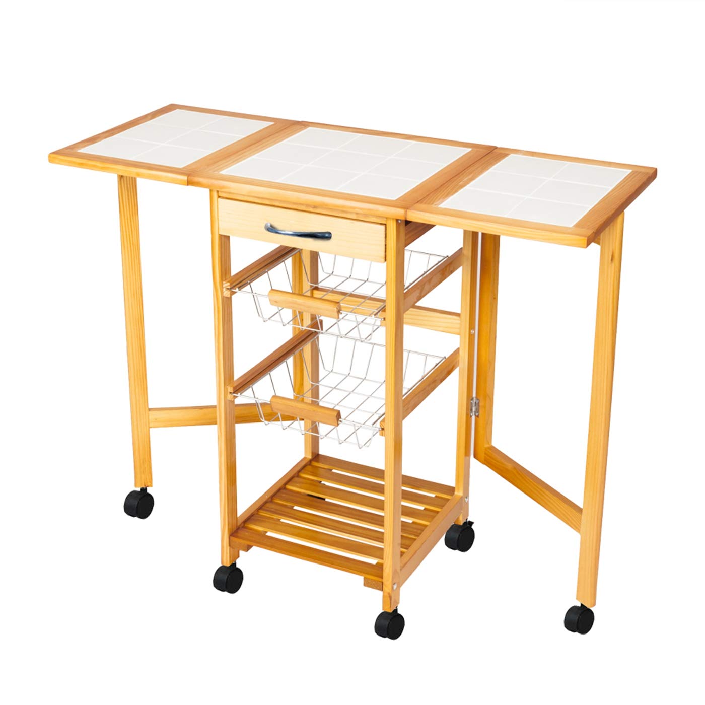 Portable Folding Kitchen Cart with Rolling Wheels & Drop Leaf - Solid Wood Square Storage Trolley with Tile Top in Sapele Color for Home, Dining Room, Office, Restaurant | Perfect for Small Spaces, Kitchen Island & Extra Counter Space