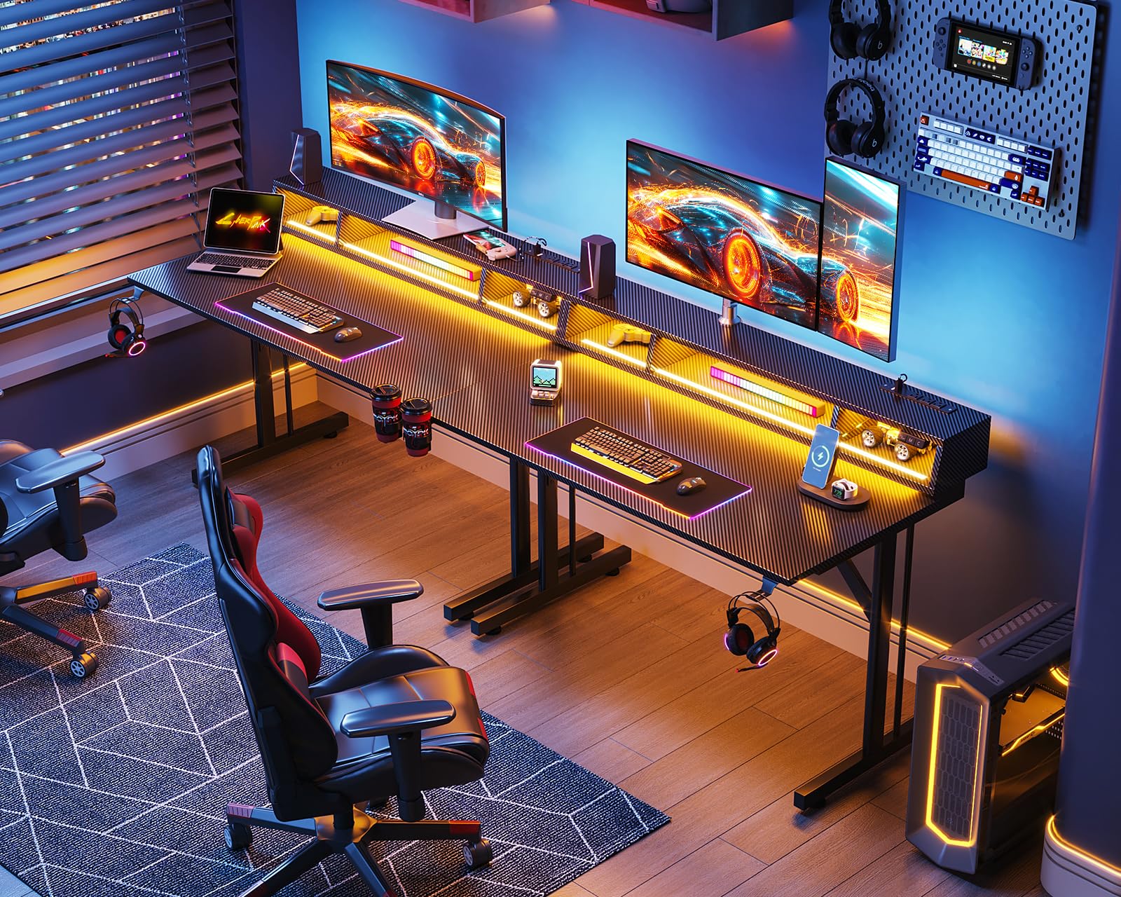 MOTPK 40 Inch LED Gaming Desk with Power Outlets & Floating Monitor Stand - Carbon Fiber Texture Computer Table for Kids & Teens - Perfect for Small Spaces, Gaming Setups & Home Office Workstations