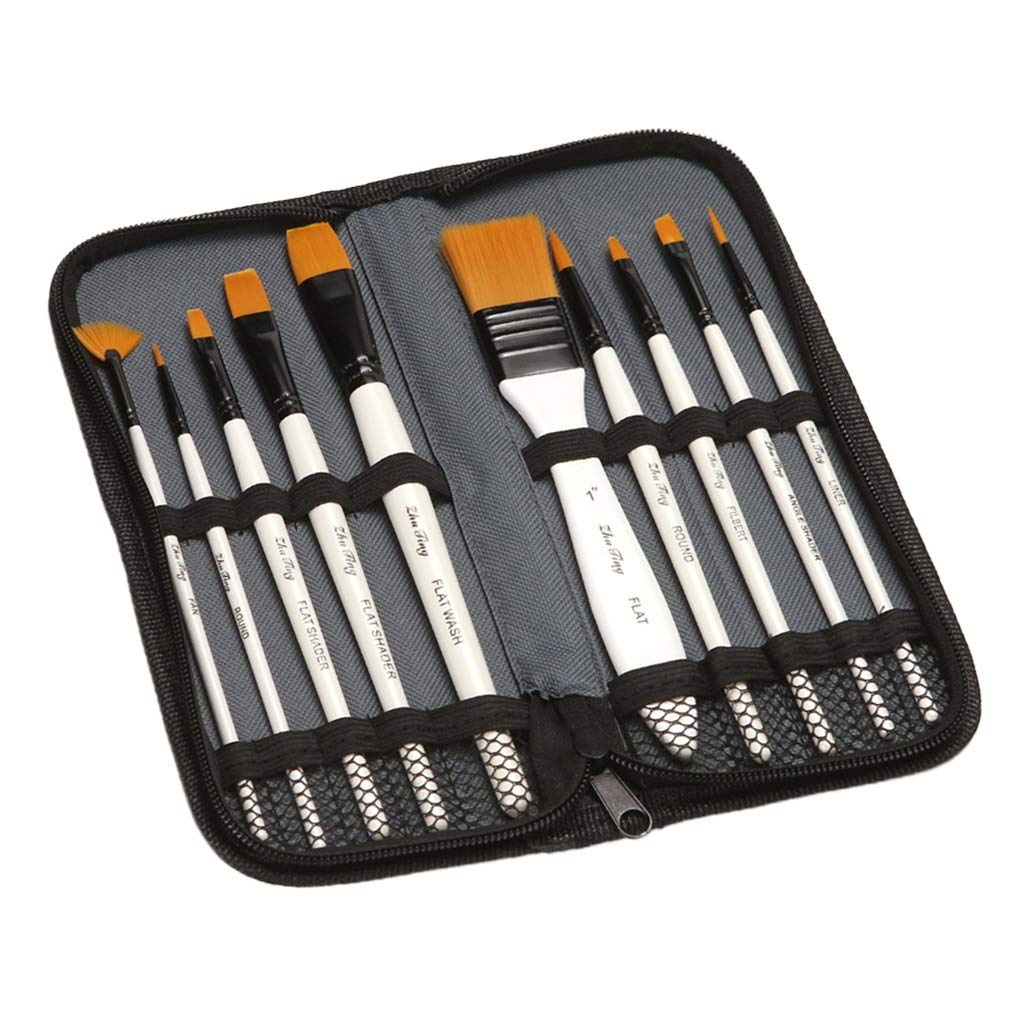 10Pcs Nylon Hair Oil Acrylic Watercolor Paint Brushes Set with Zipper Case - Perfect for Artists, Students & DIY Craft Projects - Ideal for Oil, Acrylic & Watercolor Painting