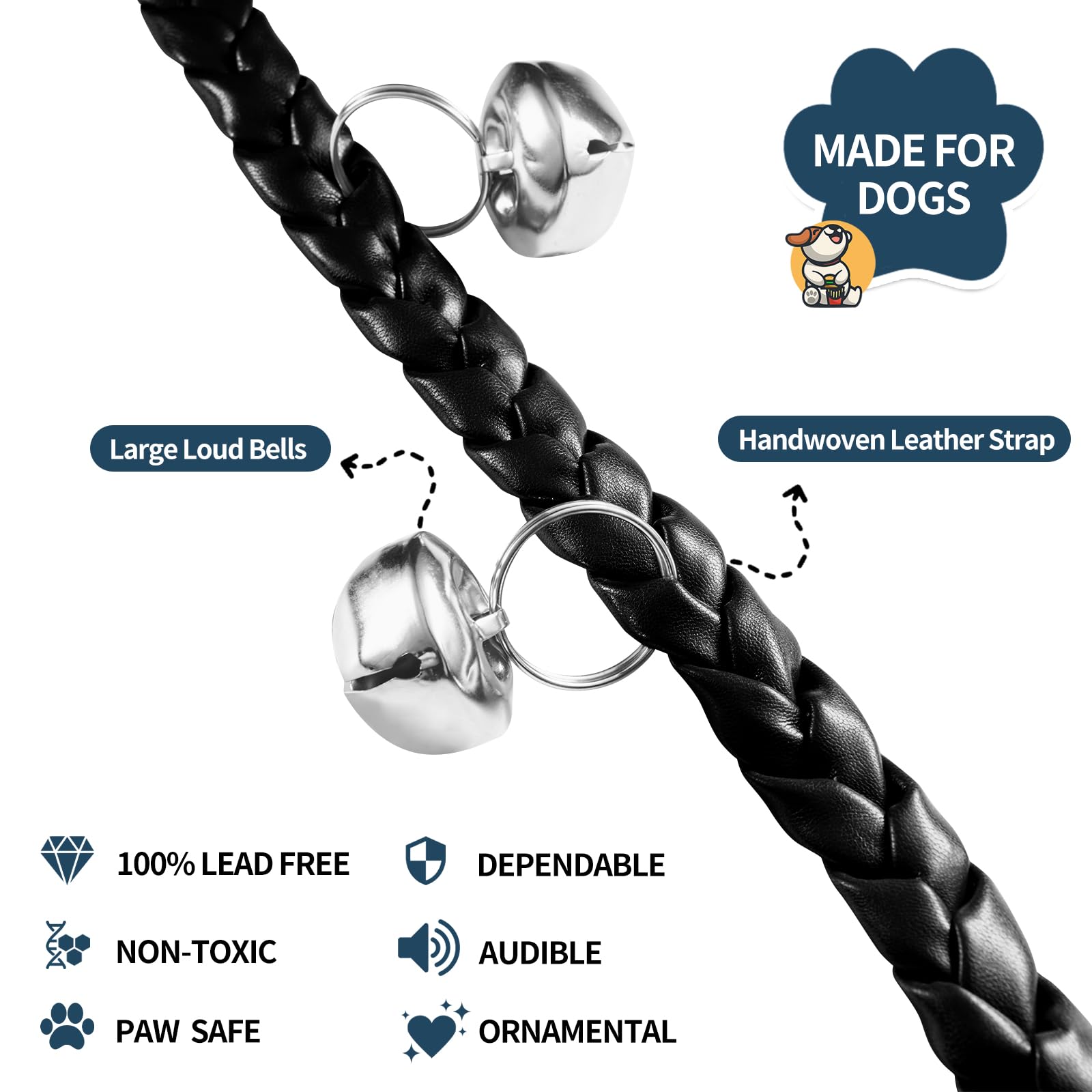 **Dog Training Doorbells for Potty Training - Extra Loud Faux Leather Puppy Door Bells, Hand-Woven Dog Bells for Door Knob - Perfect for Housebreaking & Outdoor Training (Black Twist) - Great for Small, Medium & Large Dogs**