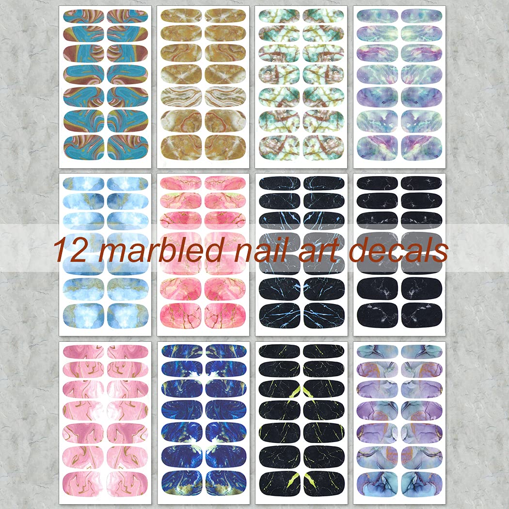 WOKOTO 12 Sheets Gradient Color Marbled Nail Strips - Self-Adhesive Nail Polish Stickers with Nail File | Colorful Blooming Nail Wraps for Women | Perfect for Parties, Weddings & Daily Nail Art