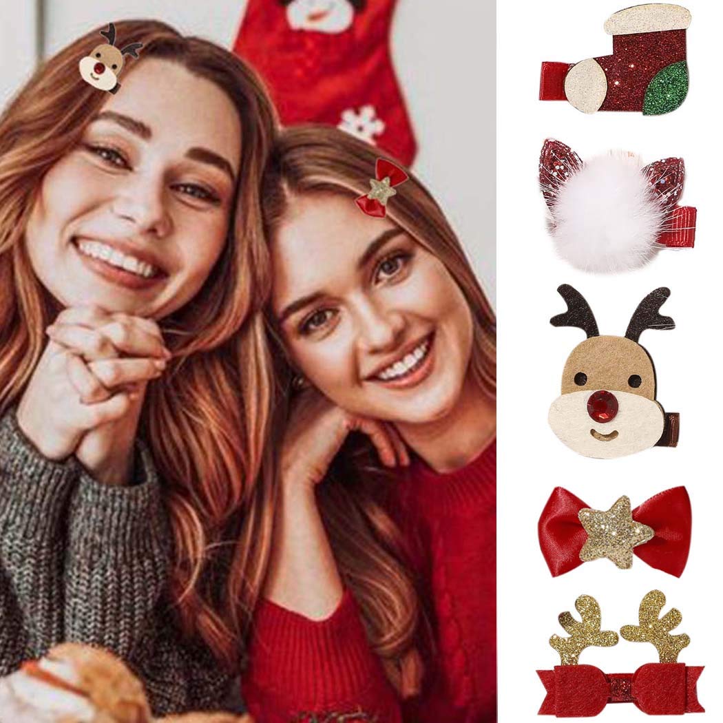 Festive IYOU Reindeer Antler Hair Clips Set - 5 Pack Christmas Hair Accessories for Women & Girls | Perfect for Holiday Parties, Gifts & Seasonal Outfits