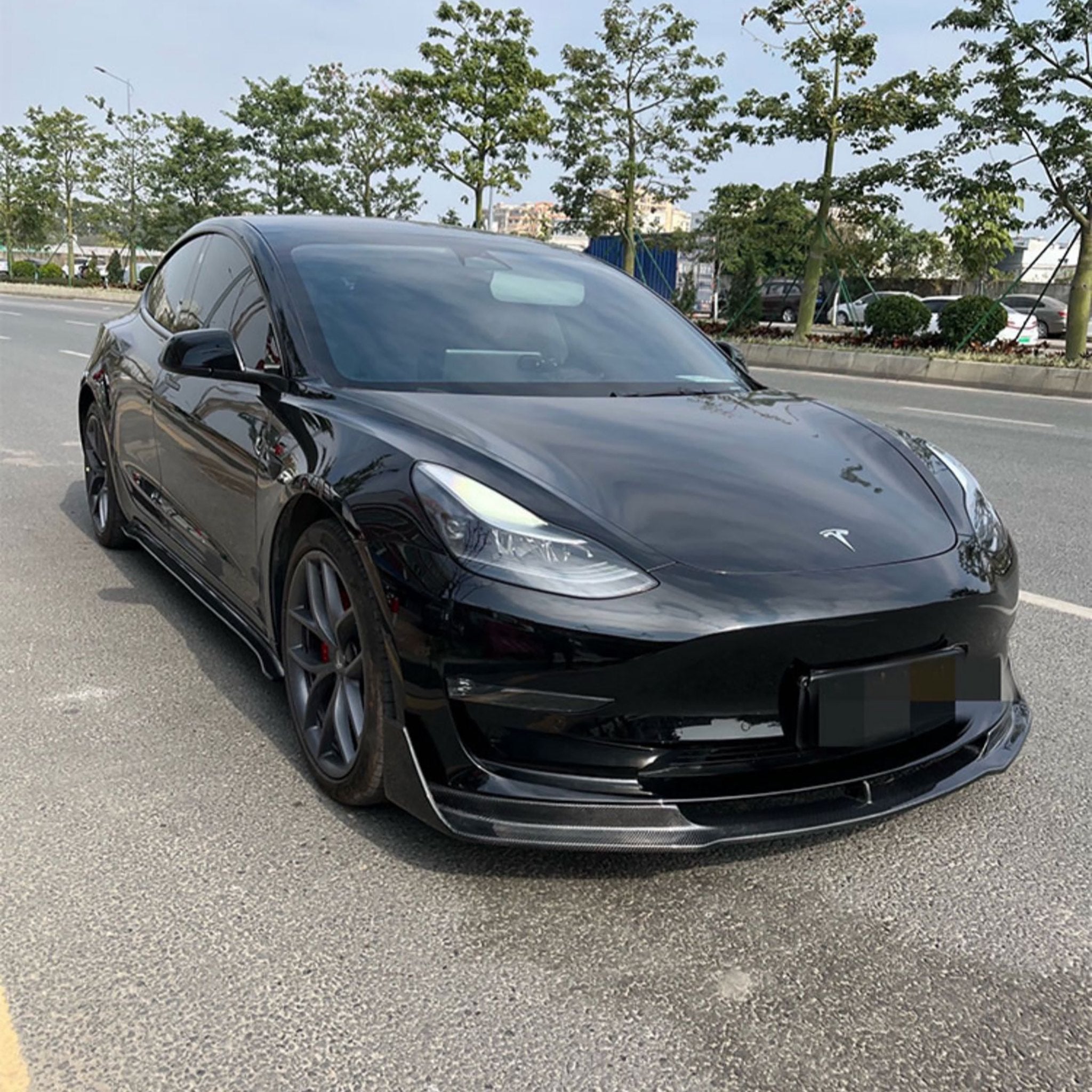 Premium Real Carbon Fiber V-Style Aero Front Lip Spoiler for Tesla Model 3 (2017-2023) - Enhance Style & Aerodynamics for Street Racing & Car Shows