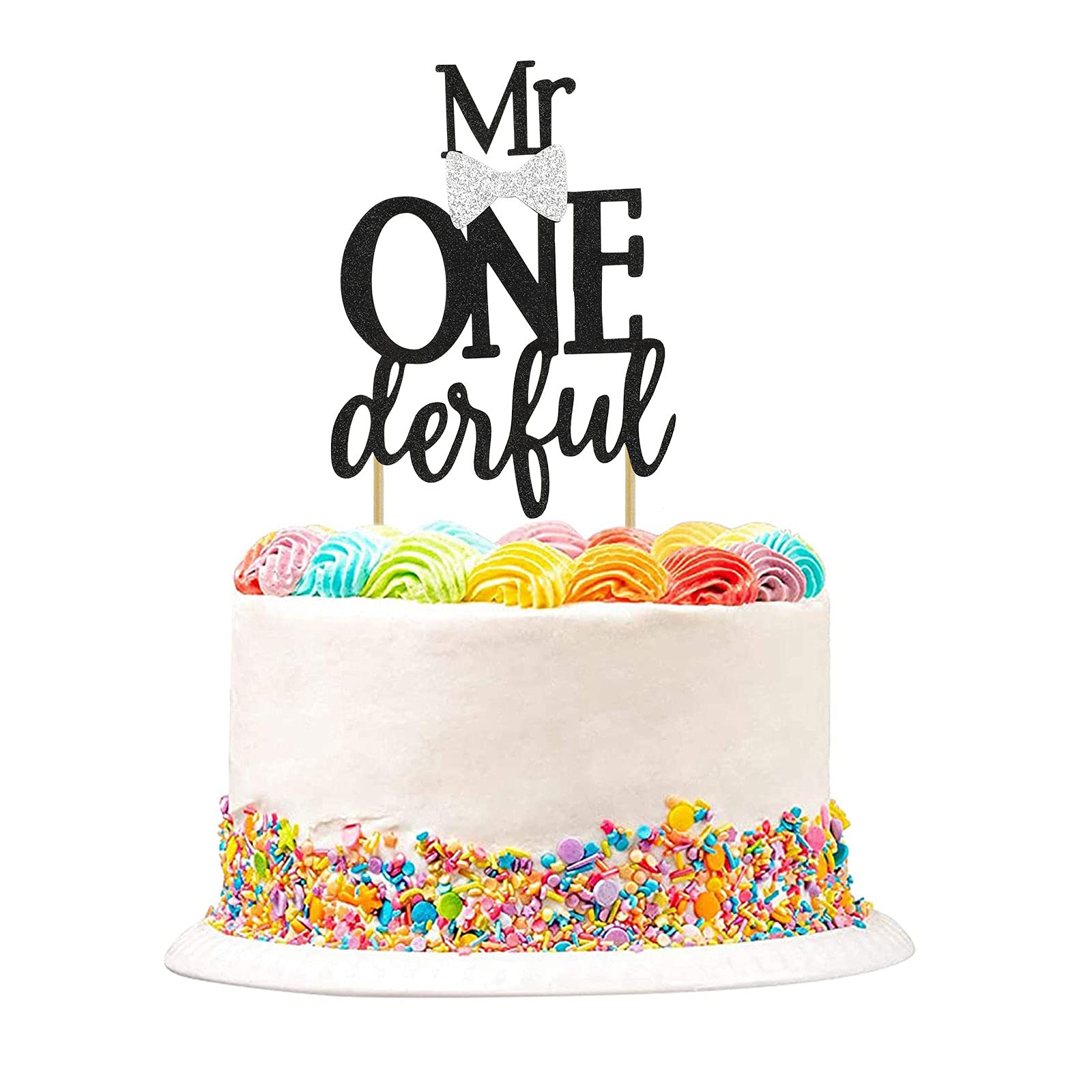 Black Glitter Mr Onederful Cake Topper - 1st Birthday Party Decor with Silver Bow Tie | Perfect for Baby Showers, Birthday Cakes & Celebrations | Ideal for Baby's First Birthday, Gender Reveal & Special Occasions