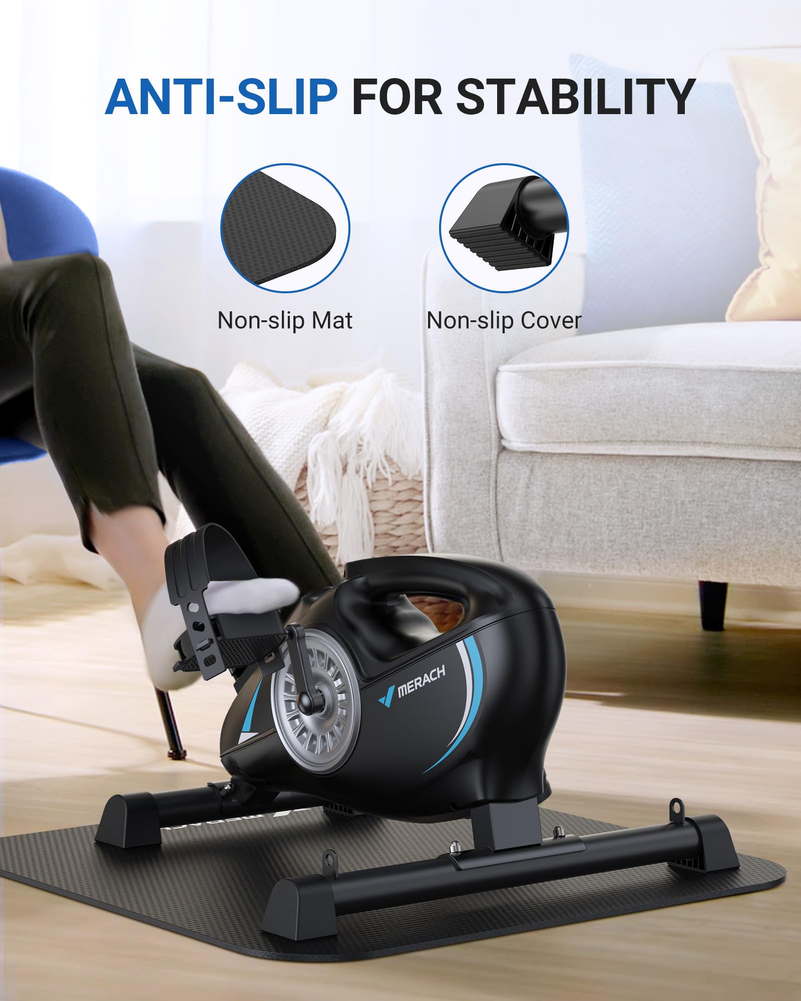 MERACH Under Desk Bike Pedal Exerciser - Quiet Magnetic Mini Exercise Bike with App for Arm & Leg Recovery, Physical Therapy - Smooth Foot Desk Cycle with 2 Resistance Bands & Non-Slip Mat - Perfect for Office Workouts, Home Fitness & Rehabilitation