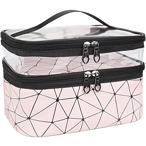 By Choosy Double Layer Waterproof Makeup Bag Organizer for Women - Travel Cosmetic & Toiletry Pouch with Zipper (Pink Diamond) - Perfect for Travel, Gym, and Daily Essentials Storage