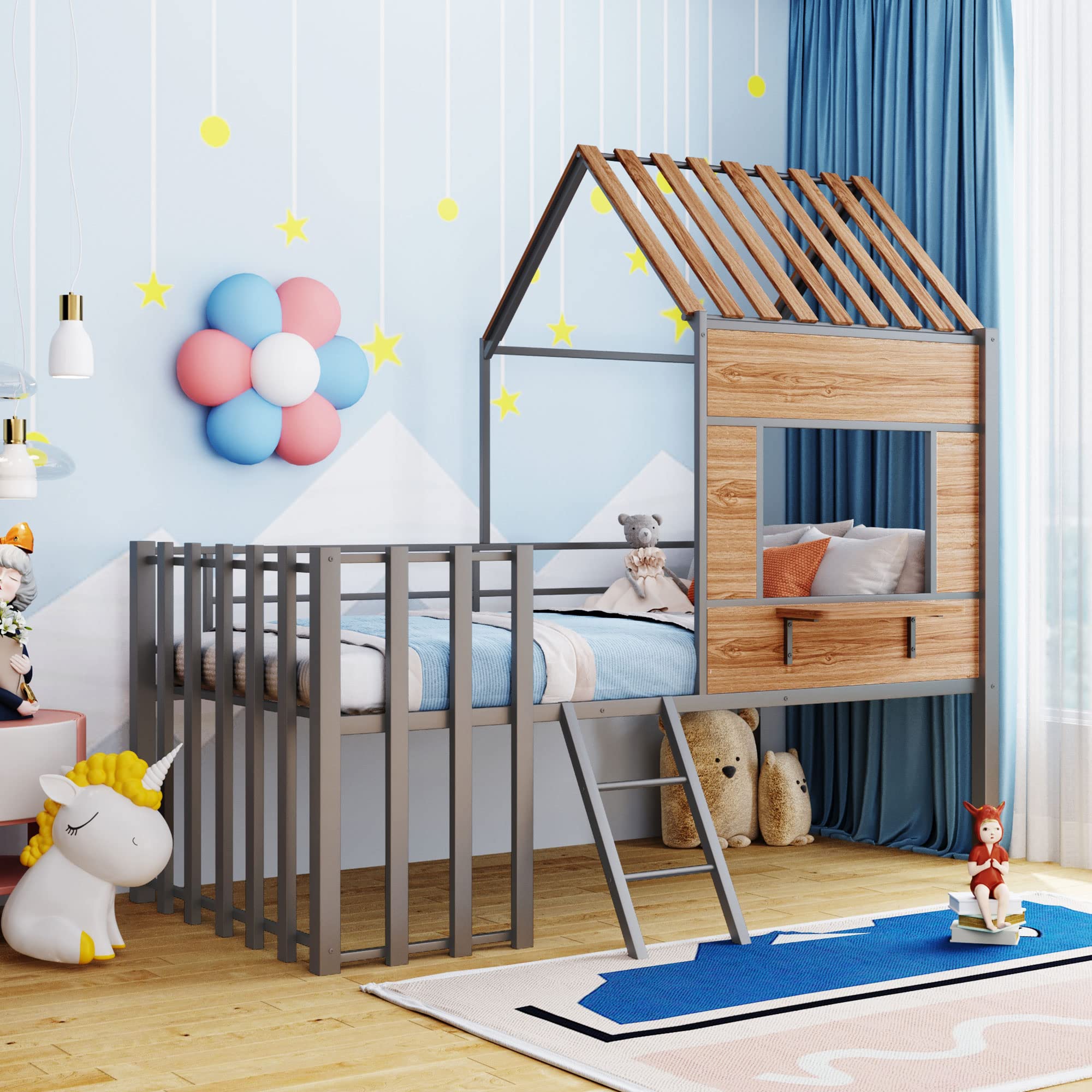 Rhomtree Twin Size Metal Loft Tent Bed Frame with Roof, Window, Guardrail & Ladder - Silver Playhouse Bed for Kids Nursery | Perfect for Small Spaces, Playrooms & Imaginative Play