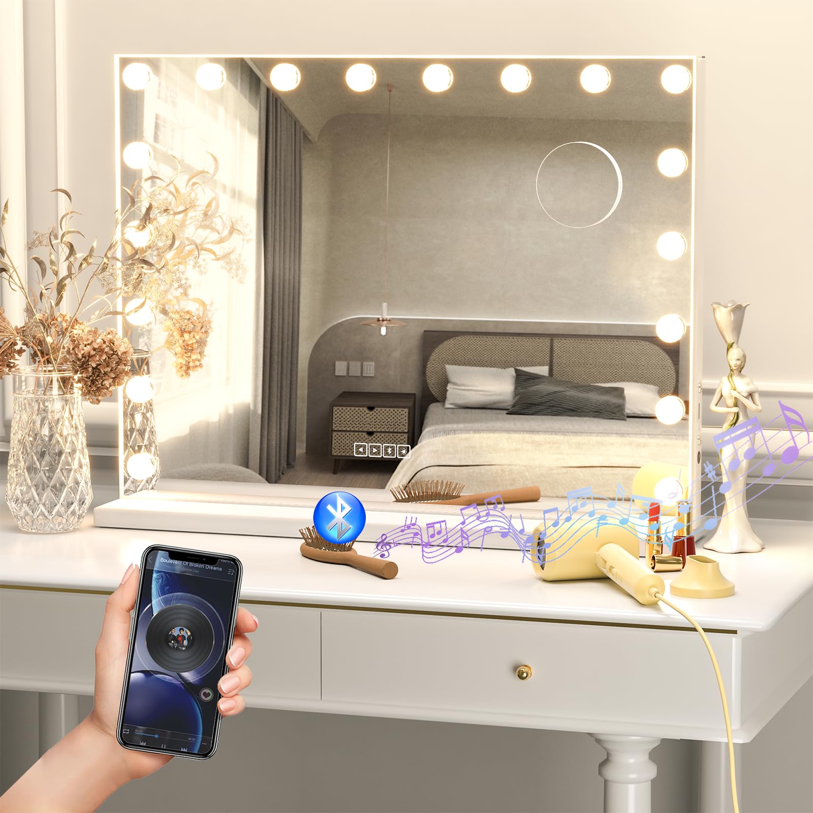 Manocorro Vanity Mirror with Bluetooth Speaker, LED Lights & USB Port - 31.5x22.8 Inch Tabletop/Wall Mount Makeup Mirror for Bedroom, Bathroom & Dressing Room