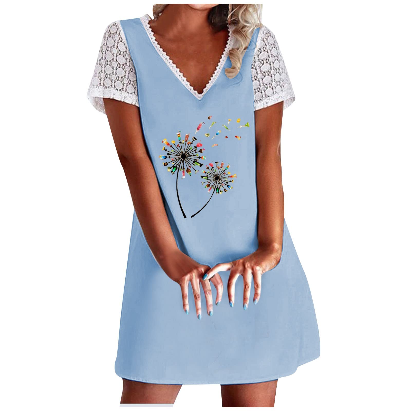 2022 Women's V-Neck Short Sleeve High Waist T-Shirt Dress - Patchwork Lace Print Casual & Party Wear for Evening Events, Beach Outings and Summer Vacations